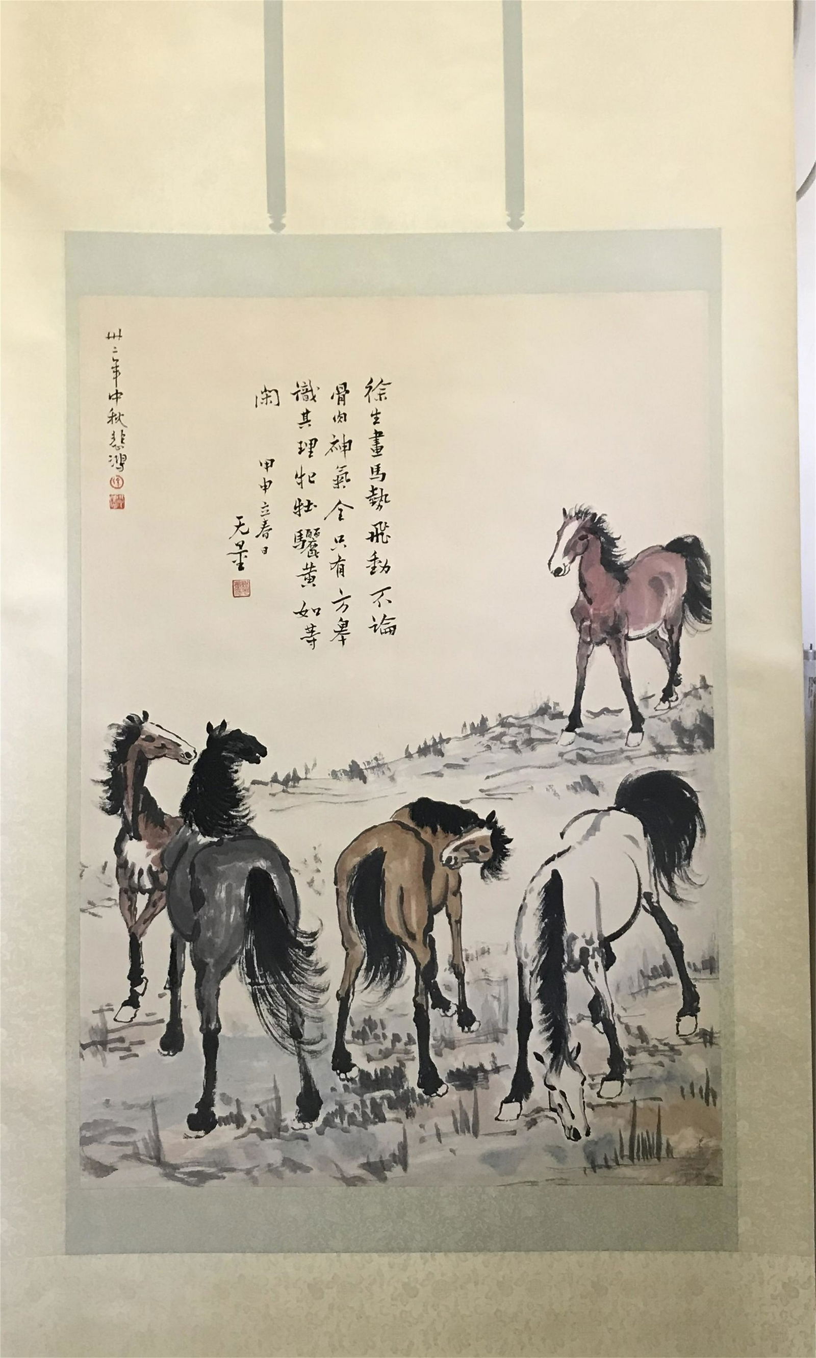 CHINESE SCROLL PAINTING OF HORSE SIGNED BY XU BEIHONG: CHINESE SCROLL PAINTING OF HORSE SIGNED BY XU BEIHONG. Image only size 90 cm by 65 cm. Shipping cost $30 to US 48 states and $100 for oversea International delivery. Local pickup at our office availab