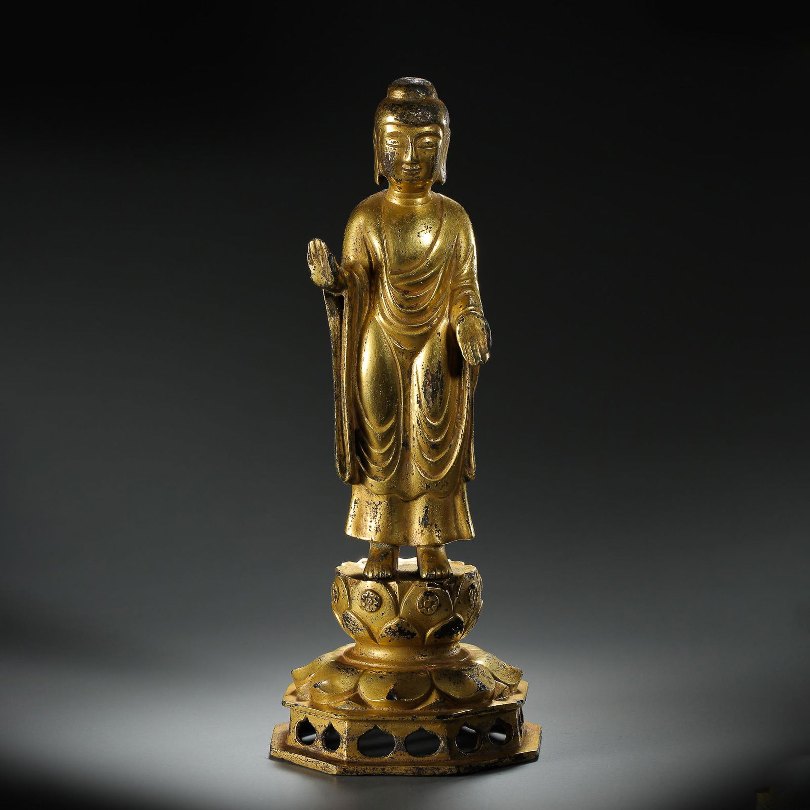 KOREAN GILT BRONZE STANDING BUDDHA ON LOTUS STAND (1 of 7)