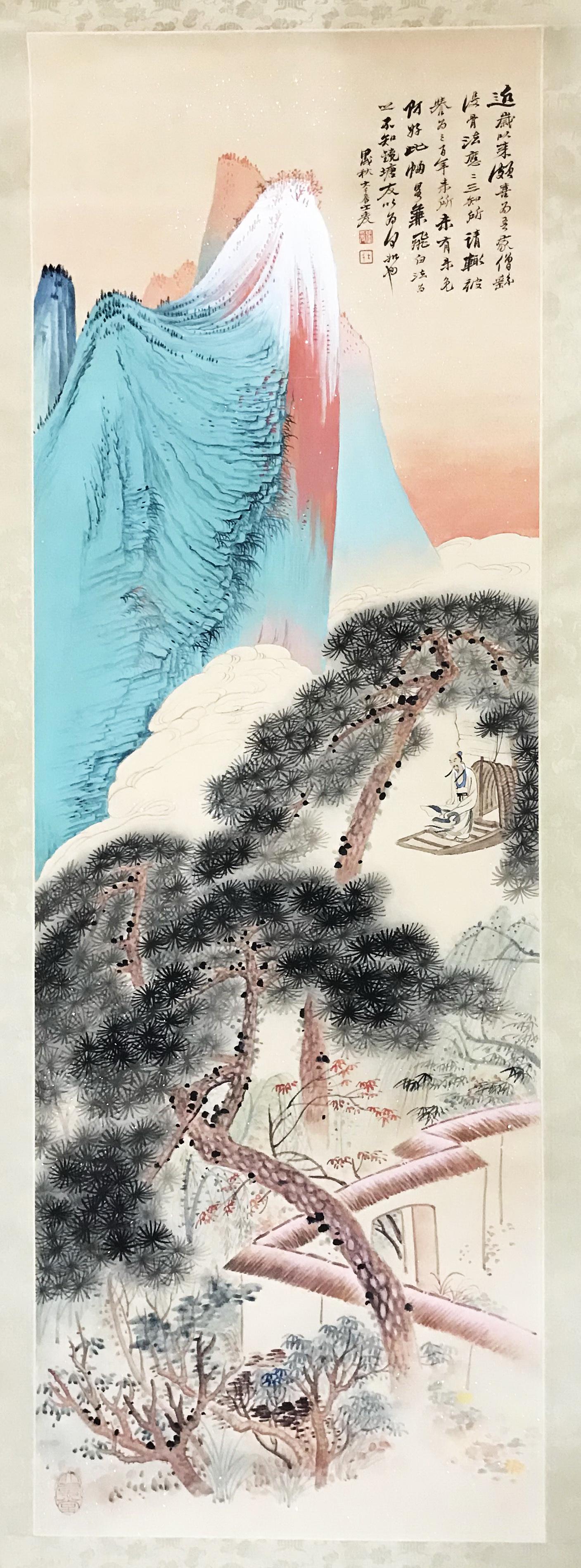 FROM QIAN JINGTANG COLLECTION CHINESE SCROLL PAINTING: FROM QIAN JINGTANG COLLECTION CHINESE SCROLL PAINTING OF MOUNTAIN VIEWS SIGNED BY ZHANG DAQIAN. Image only size 35 cm by 105 cm. Shipping cost $30 to US 48 states and $100 for oversea International de