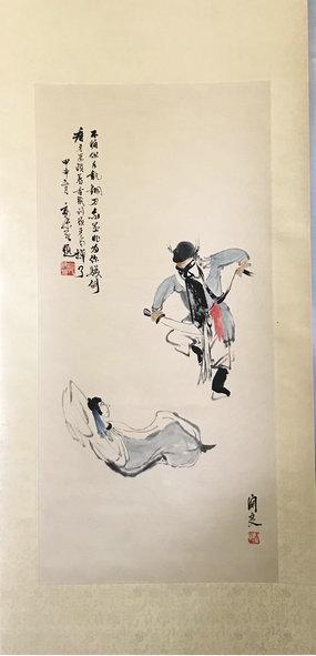 NO RESERVED CHINESE SCROLL PAINTING OF OPERA FIGURES: NO RESERVED CHINESE SCROLL PAINTING OF OPERA FIGURES SIGNED BY GUANLIANG. Image only size 46 cm by 97 cm. Shipping cost $30 to US 48 states and $100 for oversea International delivery. Local pickup at