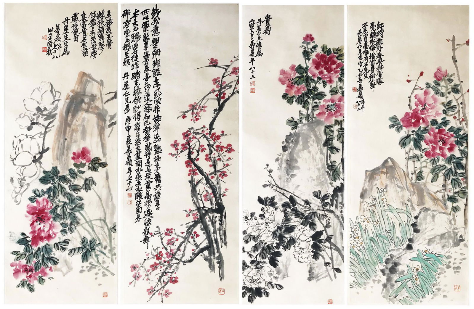 FOUR PANELS OF CHINESE SCROLL PAINTING OF FLOWER AND (1 of 18)