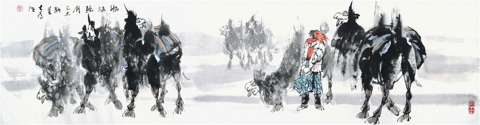 CHINESE SCROLL PAINTING OF GIRL AND CAMELS SIGNED BY: CHINESE SCROLL PAINTING OF GIRL AND CAMELS SIGNED BY LIU DAWEI. Image only size 137 cm by 34 cm. Shipping cost $30 to US 48 states and $100 for oversea International delivery. Local pickup at our offi