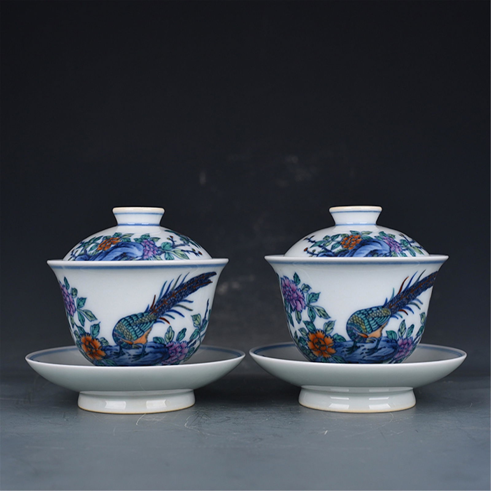 PAIR OF CHINESE PORCELAIN DOUCAI BIRD AND FLOWER LIDDED (1 of 9)