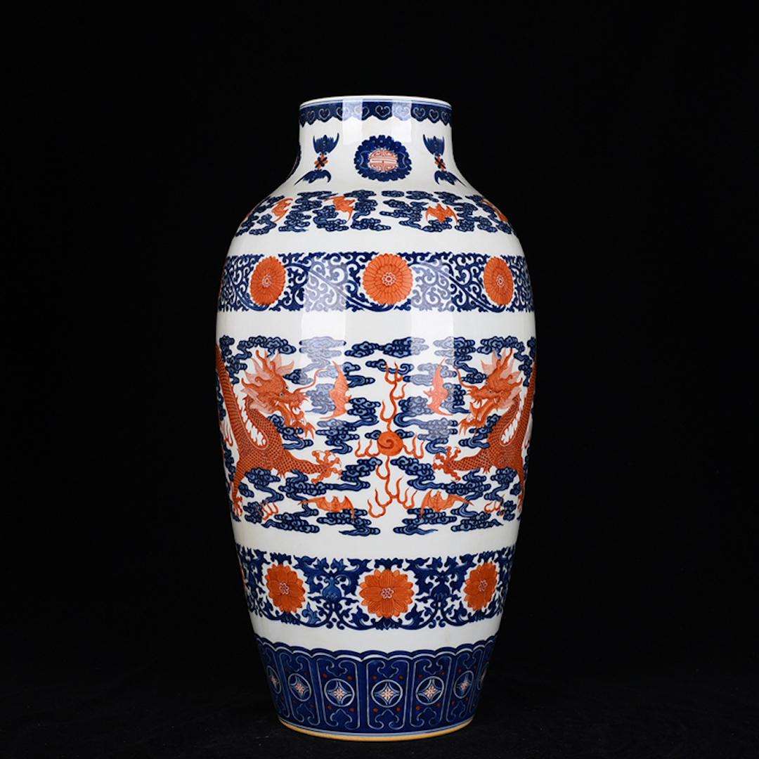 CHINESE PORCELAIN BLUE AND WHITE IRON RED DRAGON VASE (1 of 9)