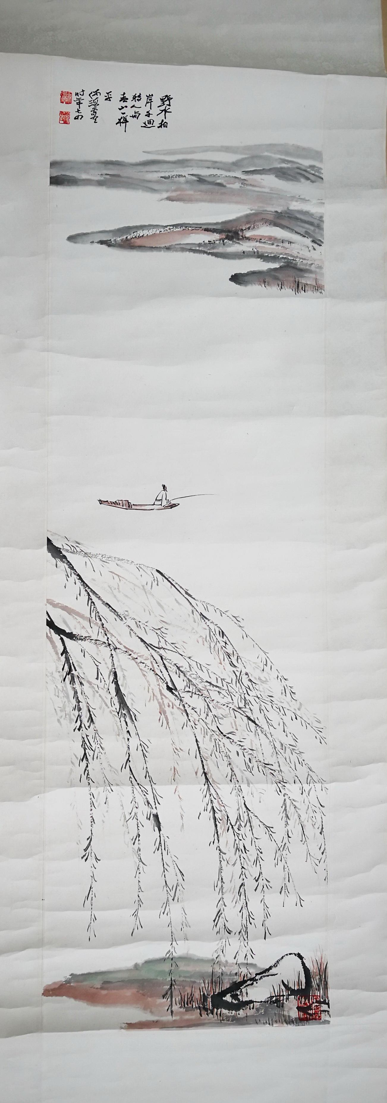 CHINESE SCROLL PAINTING OF LAKEVIEWS SIGNED BY HE: CHINESE SCROLL PAINTING OF LAKEVIEWS SIGNED BY HE HAIXIA Image only size 34 cm by 117 cm. Shipping cost $30 to US 48 states and $100 for oversea International delivery. Local pickup at our office avai