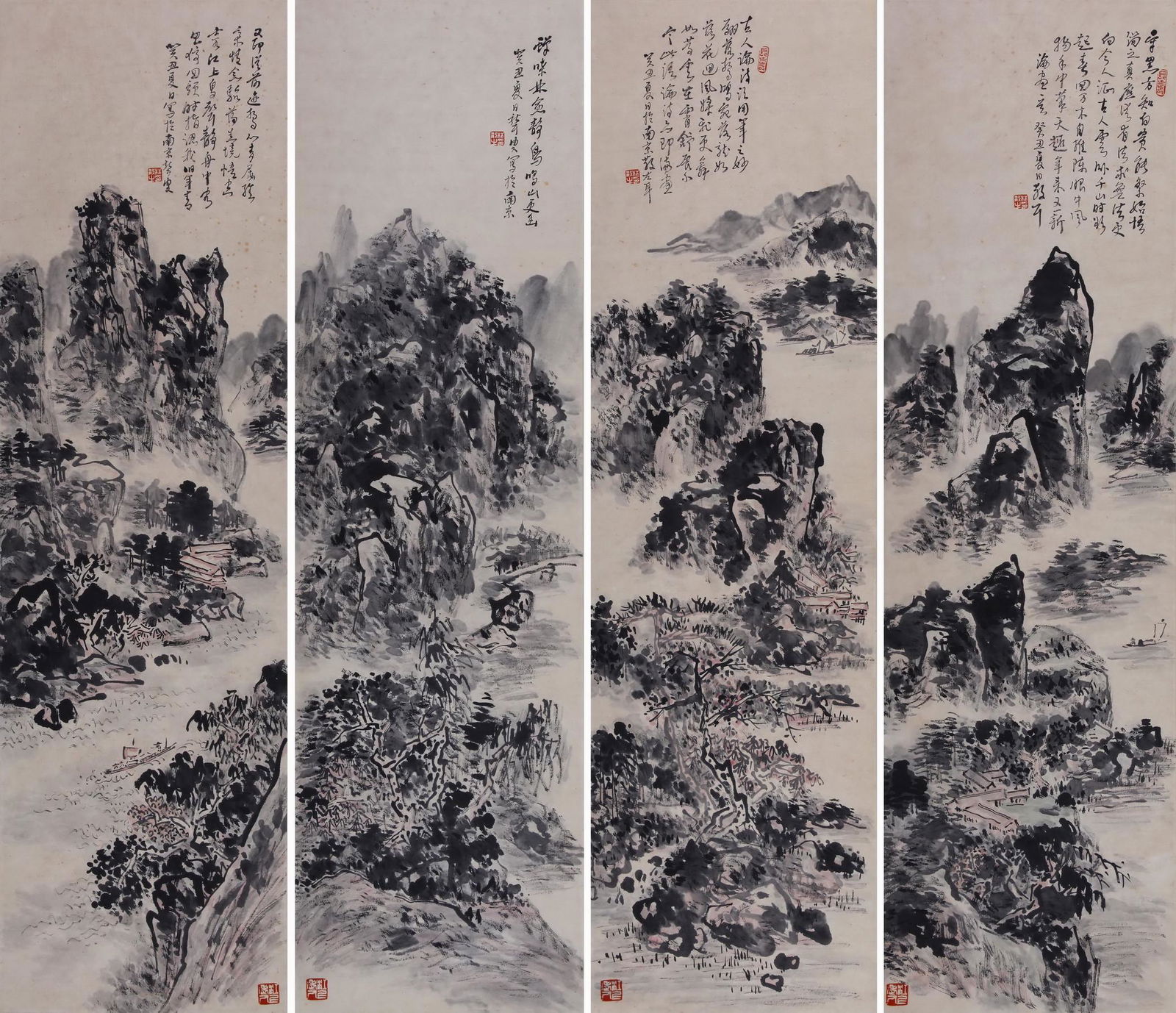 FOUR PANELS OF CHINESE SCROLL PAINTING OF MOUNTAIN (1 of 9)