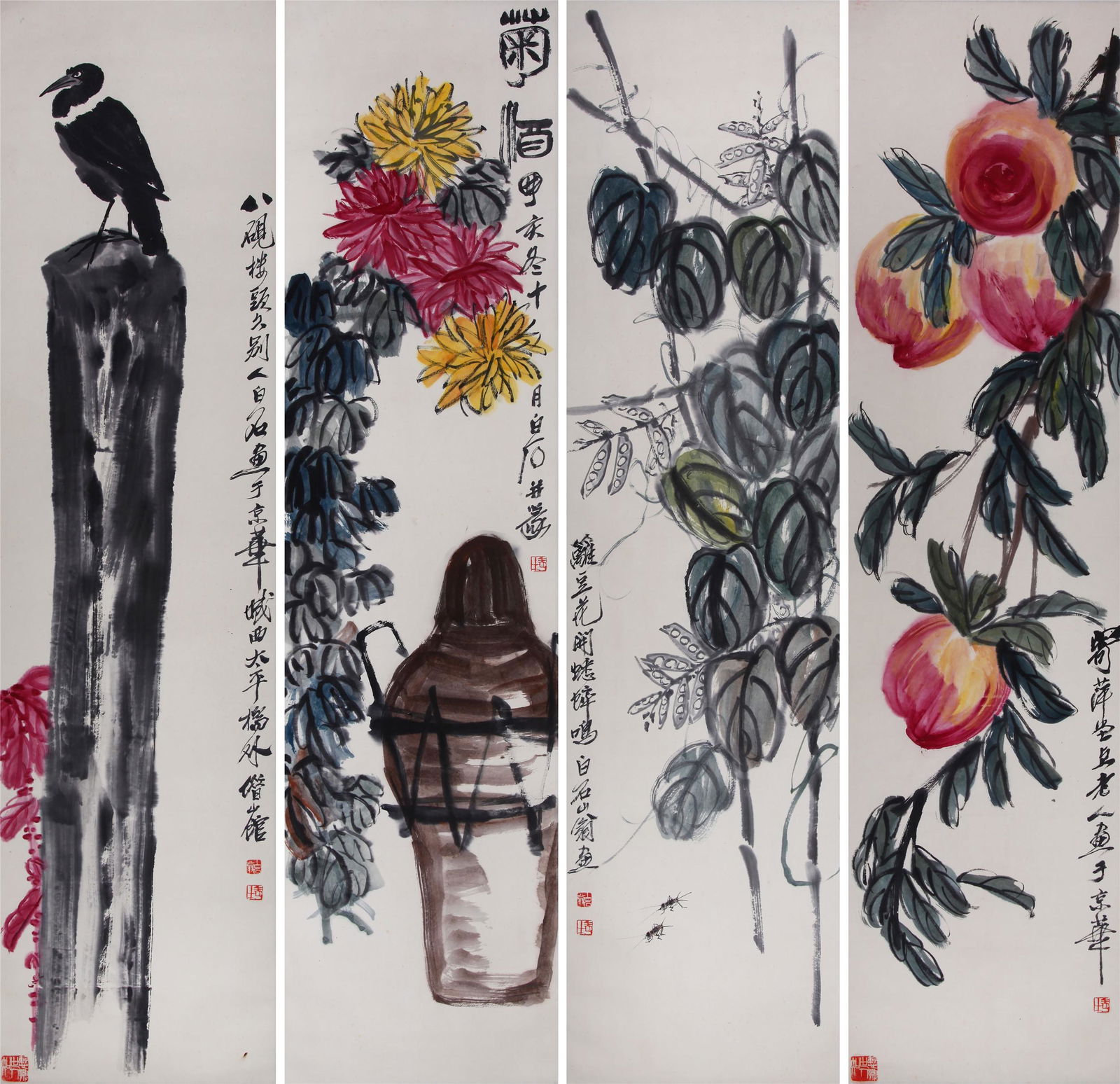 FOUR PANELS OF CHINESE SCROLL PAINTING OF FLOWER AND (1 of 9)
