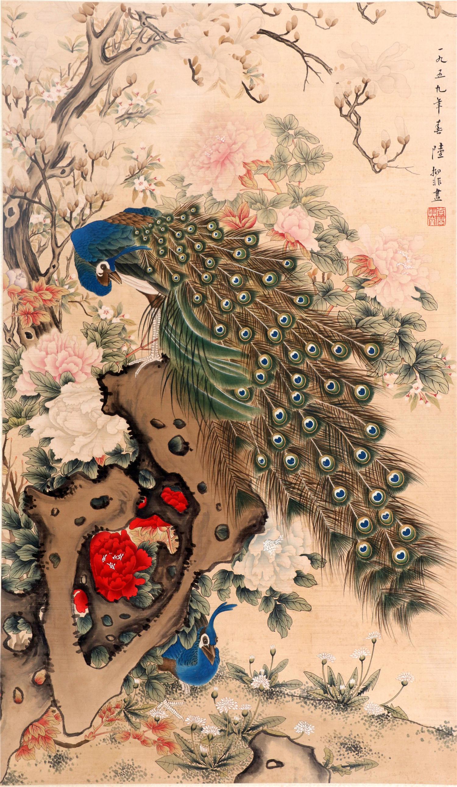 CHINESE SCROLL PAINTING OF PEACOCK ON ROCK SIGNED BY LU (1 of 6)