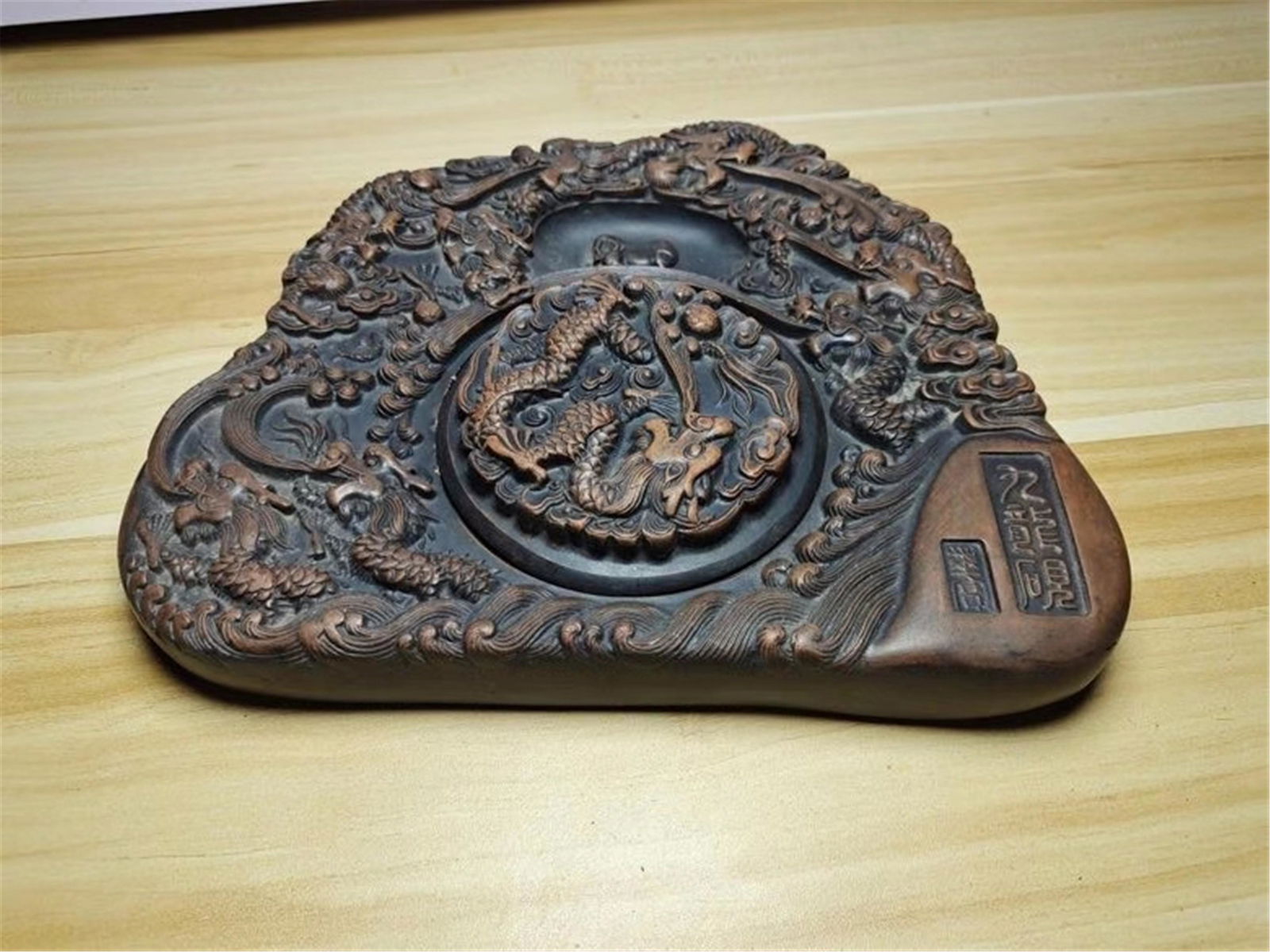 CHINESE CHENGNI DRAGON LIDDED SCHOLAR INKSTONE (1 of 6)