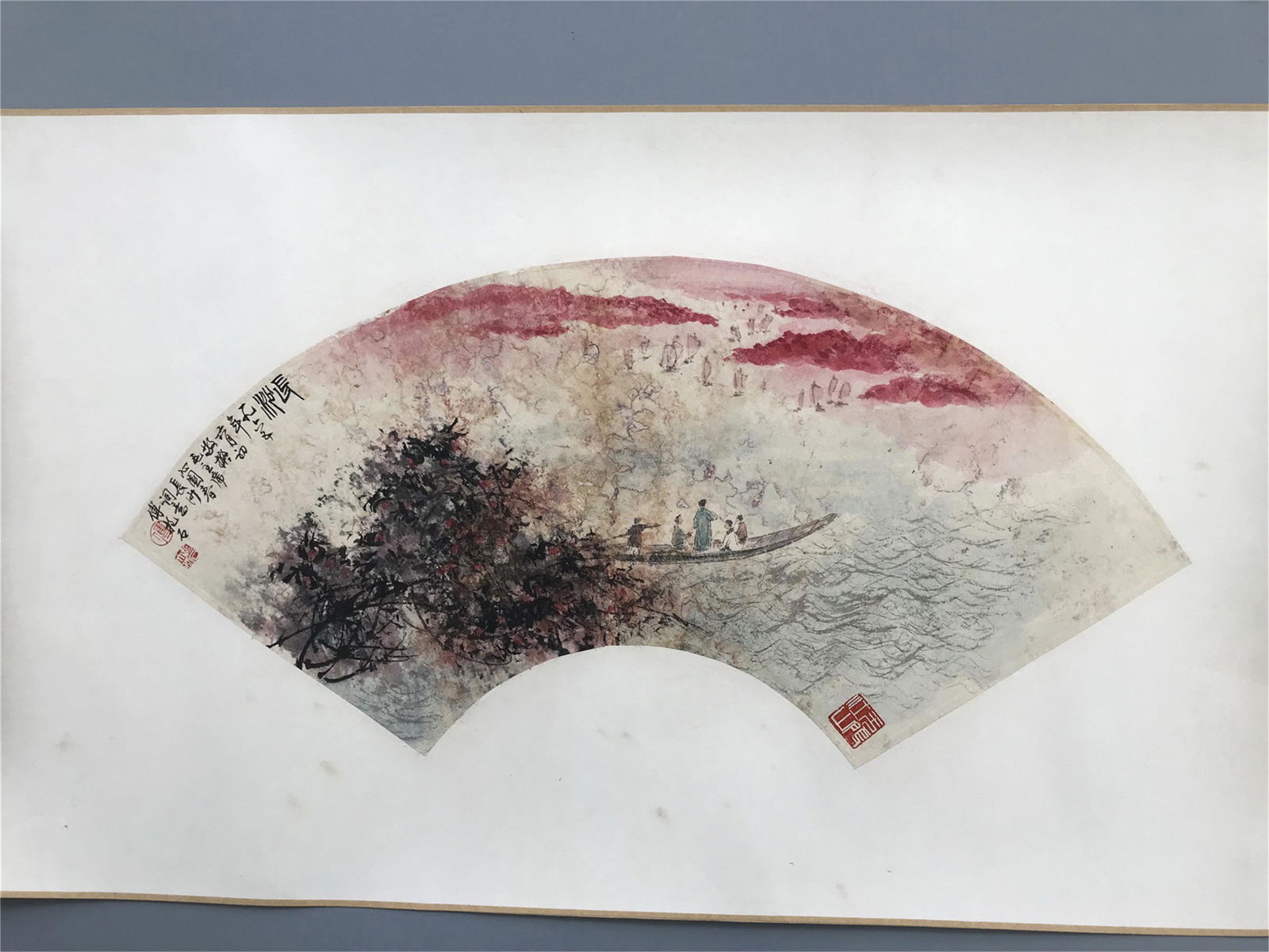 CHINESE FAN PAINTING OF RIVER VIEWS SIGNED BY FU BAOSHI: CHINESE FAN PAINTING OF RIVER VIEWS SIGNED BY FU BAOSHI. Image only size 60 cm by 20 cm. Shipping cost $30 to US 48 states and $100 for oversea International delivery. Local pickup at our office avail