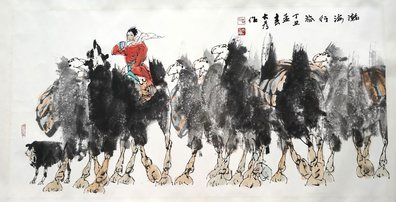 CHINESE SCROLL PAINTING OF GIRL AND CAMELS SIGNED BY: CHINESE SCROLL PAINTING OF GIRL AND CAMELS SIGNED BY LIU DAWEI. Image only size 136 cm by 68 cm. Shipping cost $30 to US 48 states and $100 for oversea International delivery. Local pickup at our offi