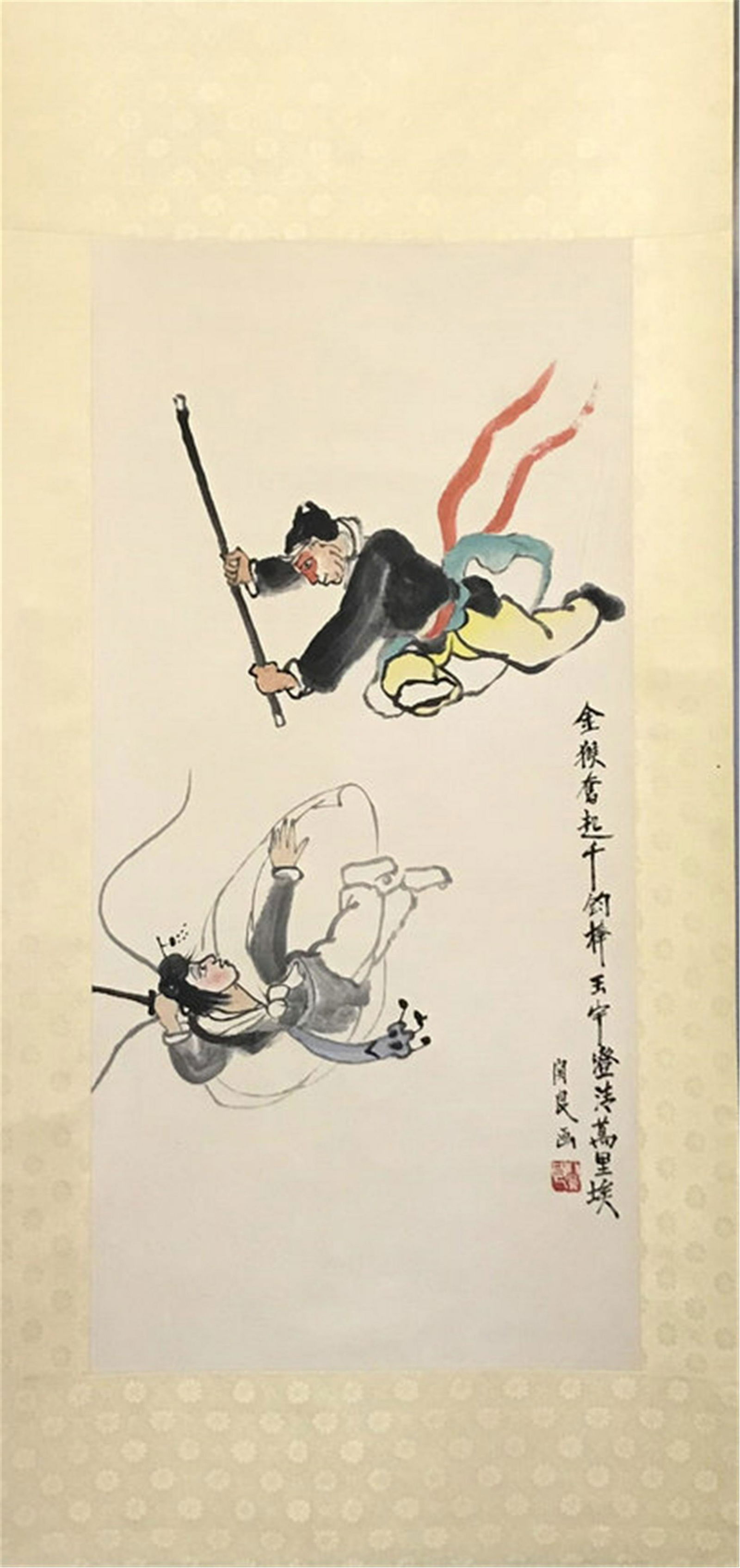NO RESERVED CHINESE SCROLL PAINTING OF PEKING OPEREA: NO RESERVED CHINESE SCROLL PAINTING OF PEKING OPEREA FIGURES SIGNED BY GUAN LIANG. Image only size 41 cm by 84 cm. Shipping cost $30 to US 48 states and $100 for oversea International delivery. Local