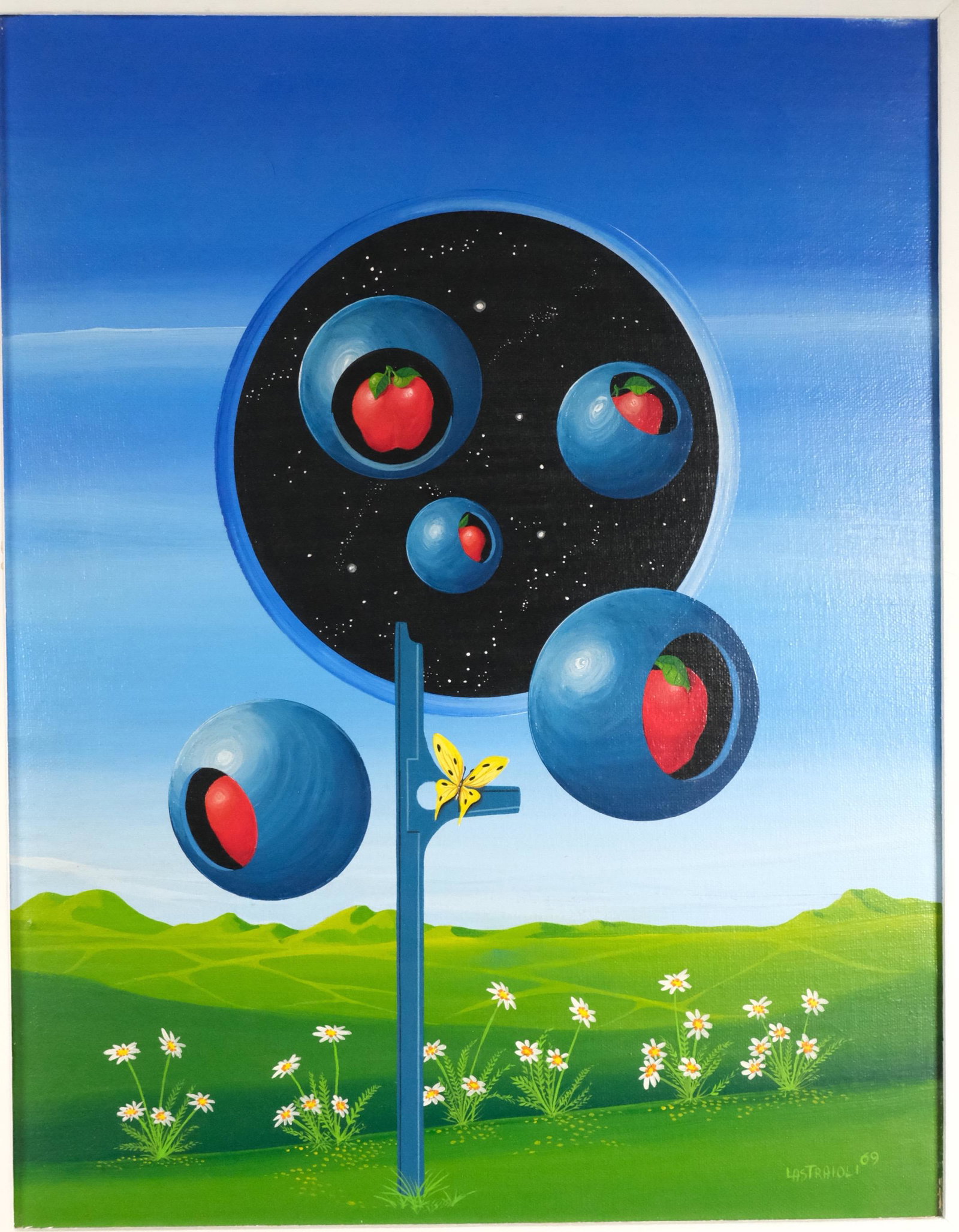 PAINTING OIL ON CANVAS BY FRANCO LASTRAIOLI: PAINTING OIL ON CANVAS BY FRANCO LASTRAIOLI (Italian, b.1931), â€œMELE ORBITANTI" 1969, oil on canvas, signed Measurement: Without Frame H-17.5in. W-13.5in. With frame H-25.5in. W-21.5in