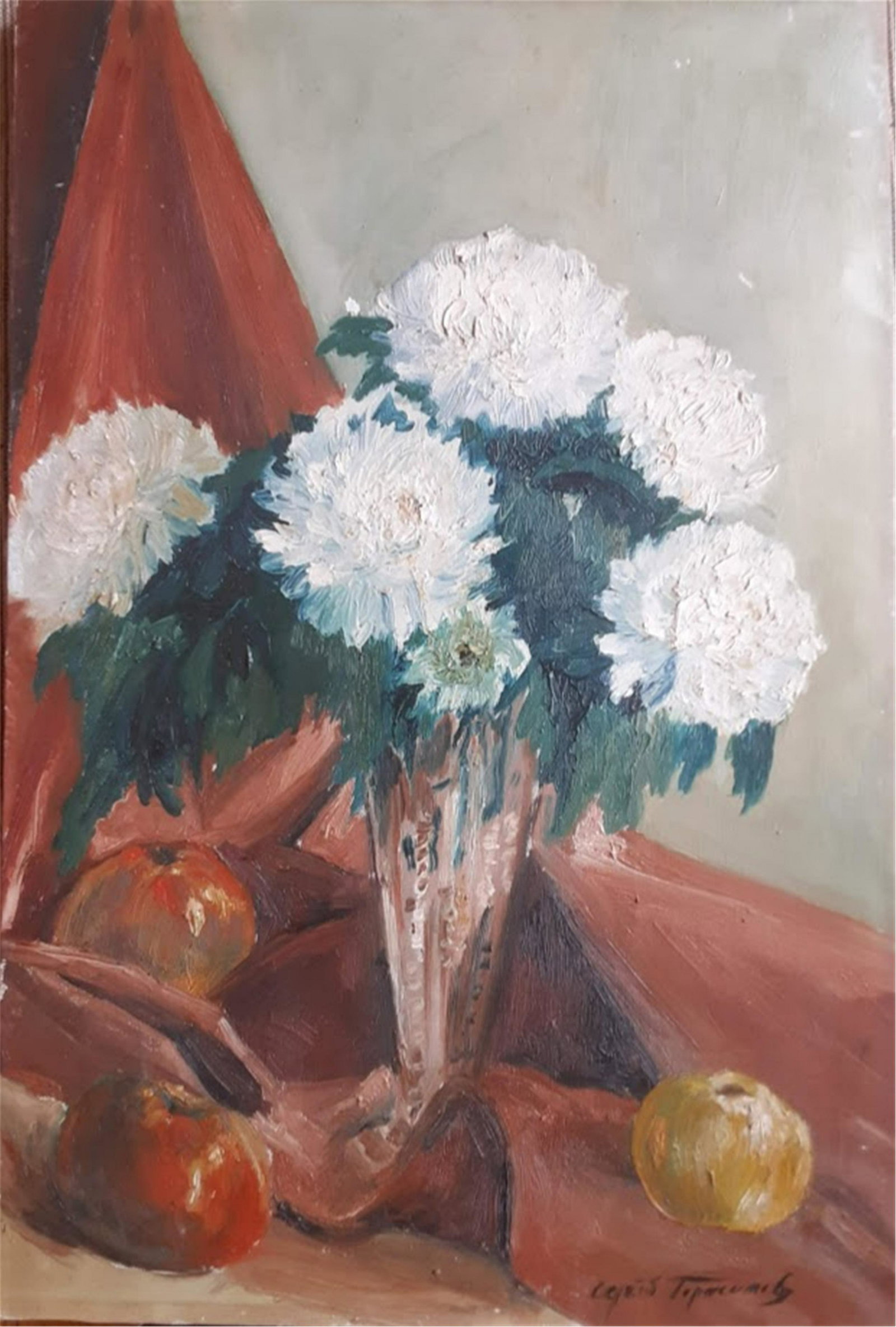 Sergei Gerasimov Russianoil on canvas: Sergei Gerasimov Russian Still life with white peonies oil/canvas. Image only size 23 in by 16 in. Sergey Vasilyevich Gerasimov was a Soviet Russian painter.Gerasimov was a student of artist Konstanti