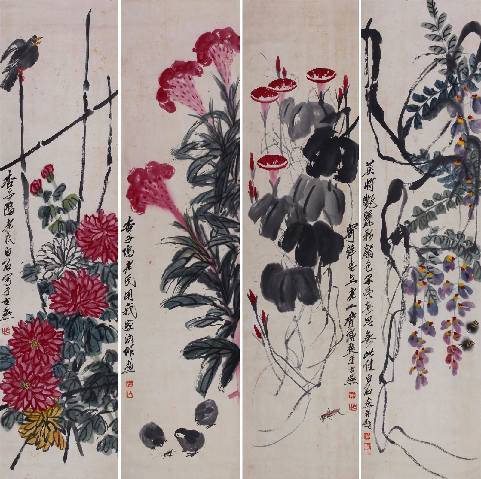 FAN PANELS OF CHINESE SCROLL PAINTING OF FLOWER SIGNED (1 of 9)