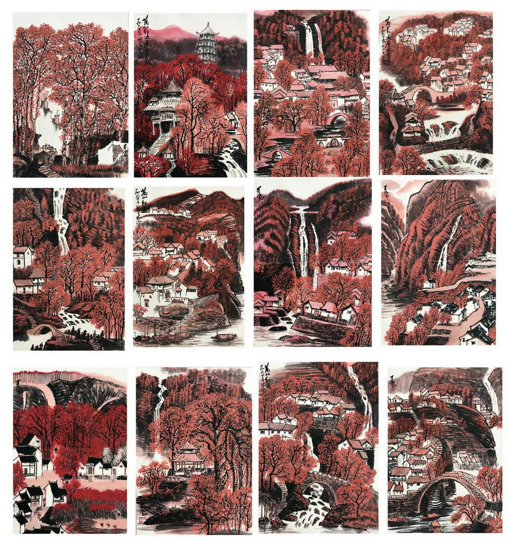 TWEELVE PAGES OF CHINESE ALBUM PAINTING OF MOUNTAIN: TWEELVE PAGES OF CHINESE ALBUM PAINTING OF MOUNTAIN VIEWS SIGNED BY LI KERAN. Image only size 104 cm by 41 cm. Shipping cost $30 to US 48 states and $100 for oversea International delivery. Local pick