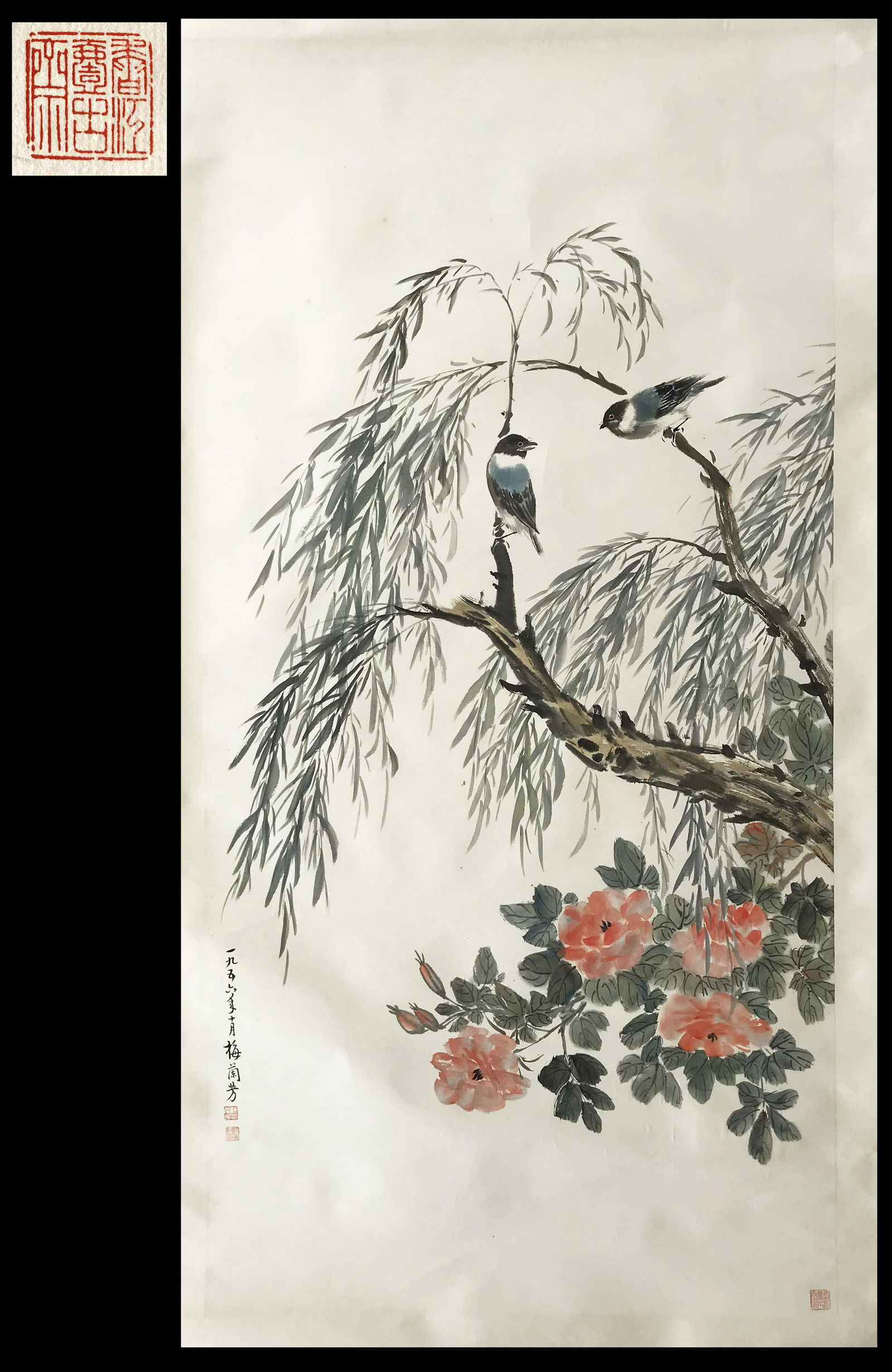 PREVIOUS COLLECTION OF YIGUZHAI HONGKONG CHINESE SCROLL: PREVIOUS COLLECTION OF YIGUZHAI HONGKONG CHINESE SCROLL PAINTING OF BIRD AND FLOWER SIGNED BY MEI LANFANG. Image only size 104 cm by 44 cm. Shipping cost $30 to US 48 states and $100 for oversea Inter