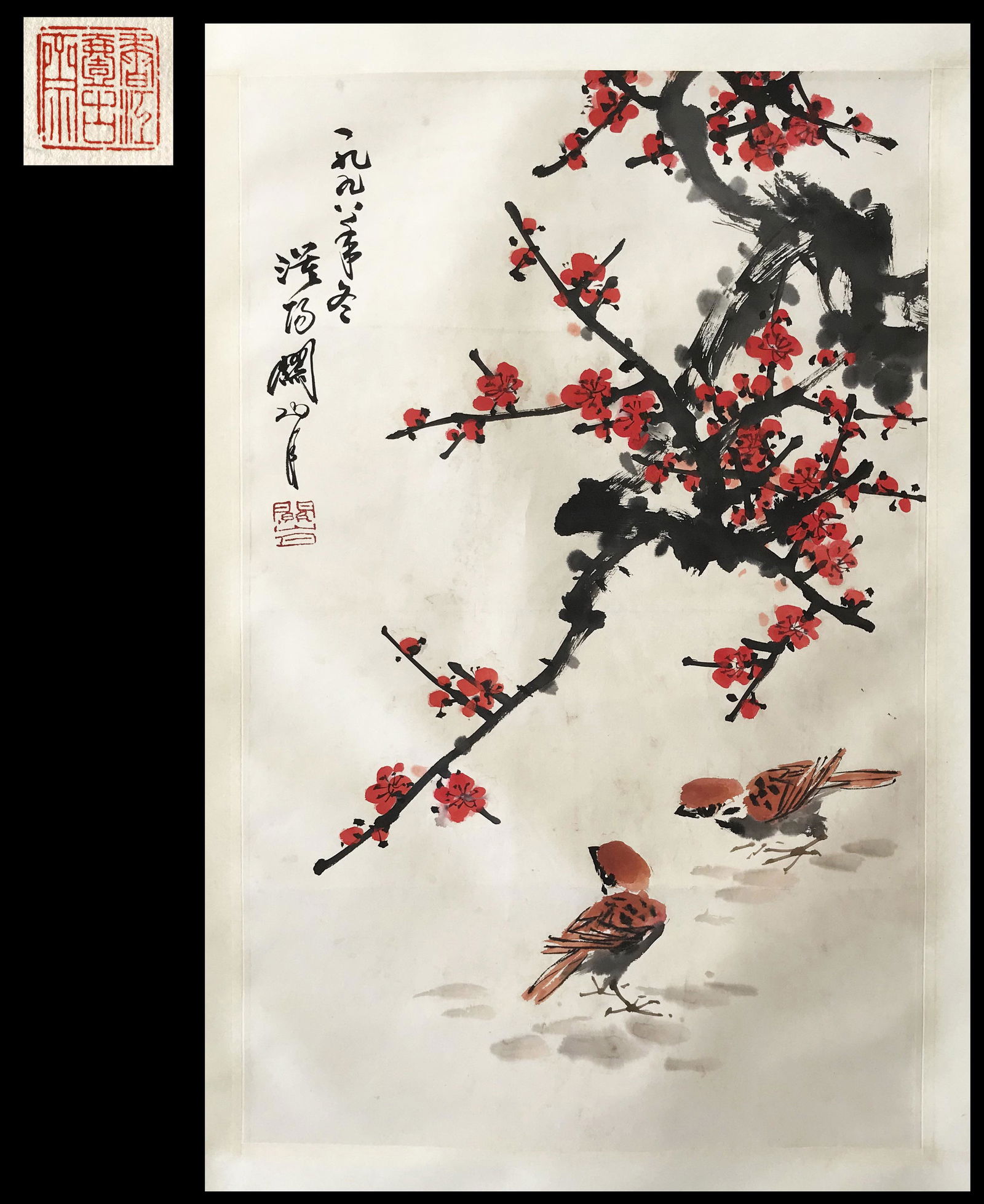 PREVIOUS COLLECTION OF YIGUZHAI HONGKONG CHINESE SCROLL: PREVIOUS COLLECTION OF YIGUZHAI HONGKONG CHINESE SCROLL PAINTING OF BIRD AND FLOWER SIGNED BY GUAN SHANYUE. Image only size 104 cm by 47 cm. Shipping cost $30 to US 48 states and $100 for oversea Inte