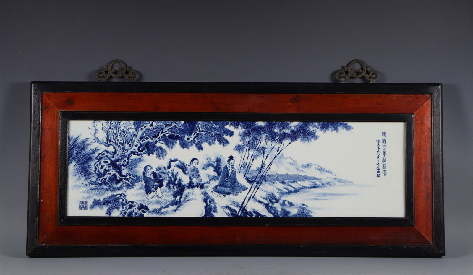 CHINESE PORCELAIN BLUE AND WHITE PLAQUE OF MEN IN (1 of 9)