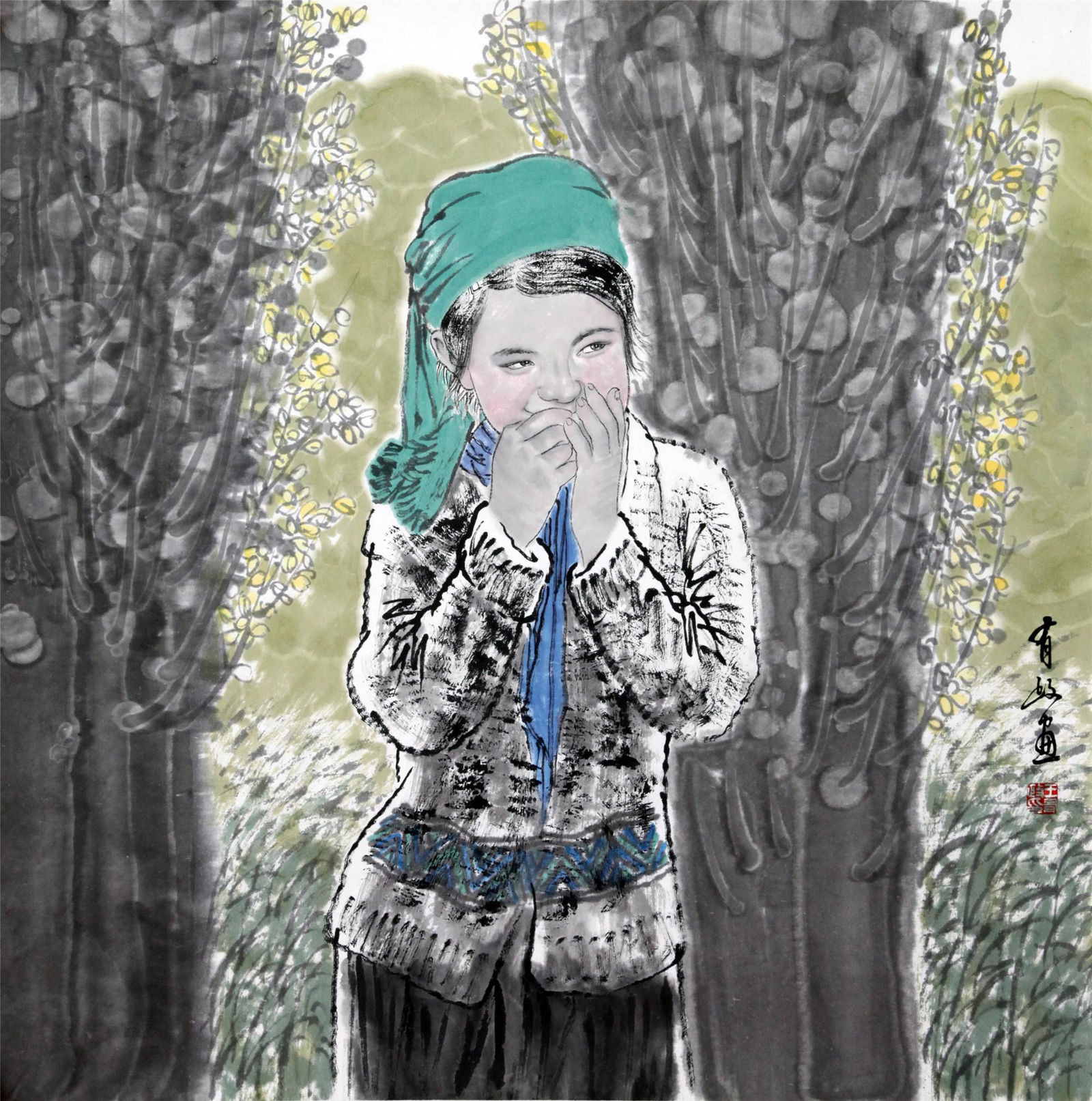 CHINESE SCROLL PAINTING OF GIRL AND FLOWER SIGNED BY: CHINESE SCROLL PAINTING OF GIRL AND FLOWER SIGNED BY WANG YOUZHENG. Image only size 68.5 cm by 68.5 cm. Shipping cost $30 to US 48 states and $100 for oversea International delivery. Local pickup at o