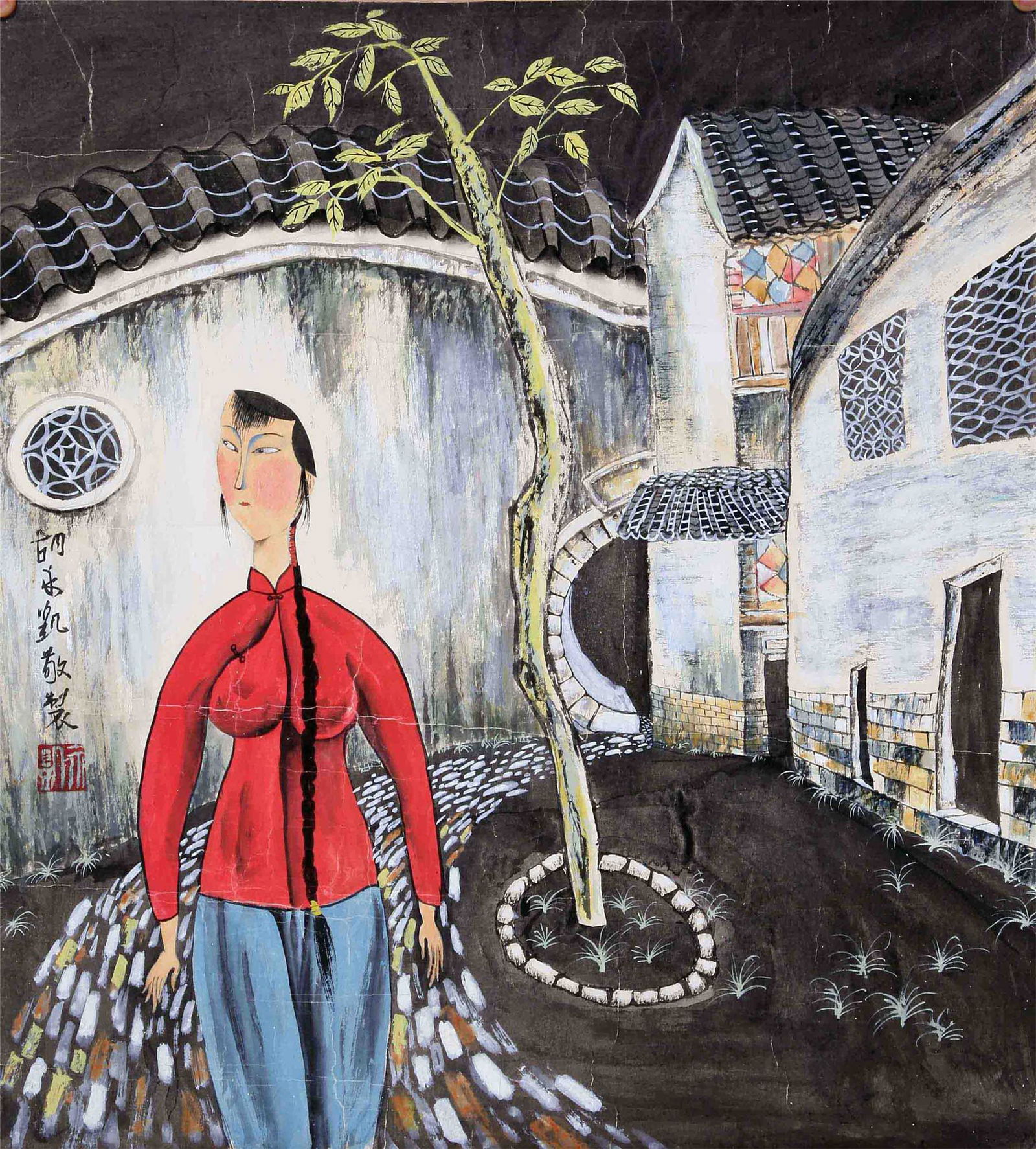 CHINESE SCROLL PAINTING OF GIRL ON STREET SIGNED BY HU: CHINESE SCROLL PAINTING OF GIRL ON STREET SIGNED BY HU YONGKAI. Image only size 64 cm by 58 cm. Shipping cost $30 to US 48 states and $100 for oversea International delivery. Local pickup at our offic