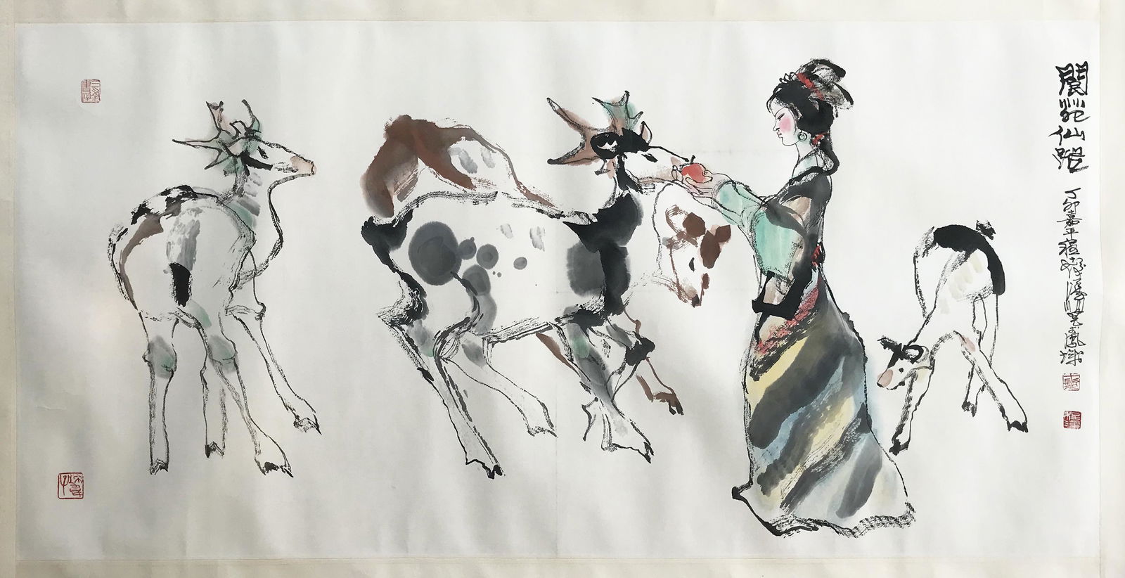 NO RESERVE CHINESE SCROLL PAINTING OF GIRL AND DEER SIG: NO RESERVE CHINESE SCROLL PAINTING OF GIRL AND DEER SIGNED BY CHENG SHIFA. Image only size 67 cm by 139 cm. Shipping cost $30 to US 48 states and $100 for oversea International delivery. Local pickup
