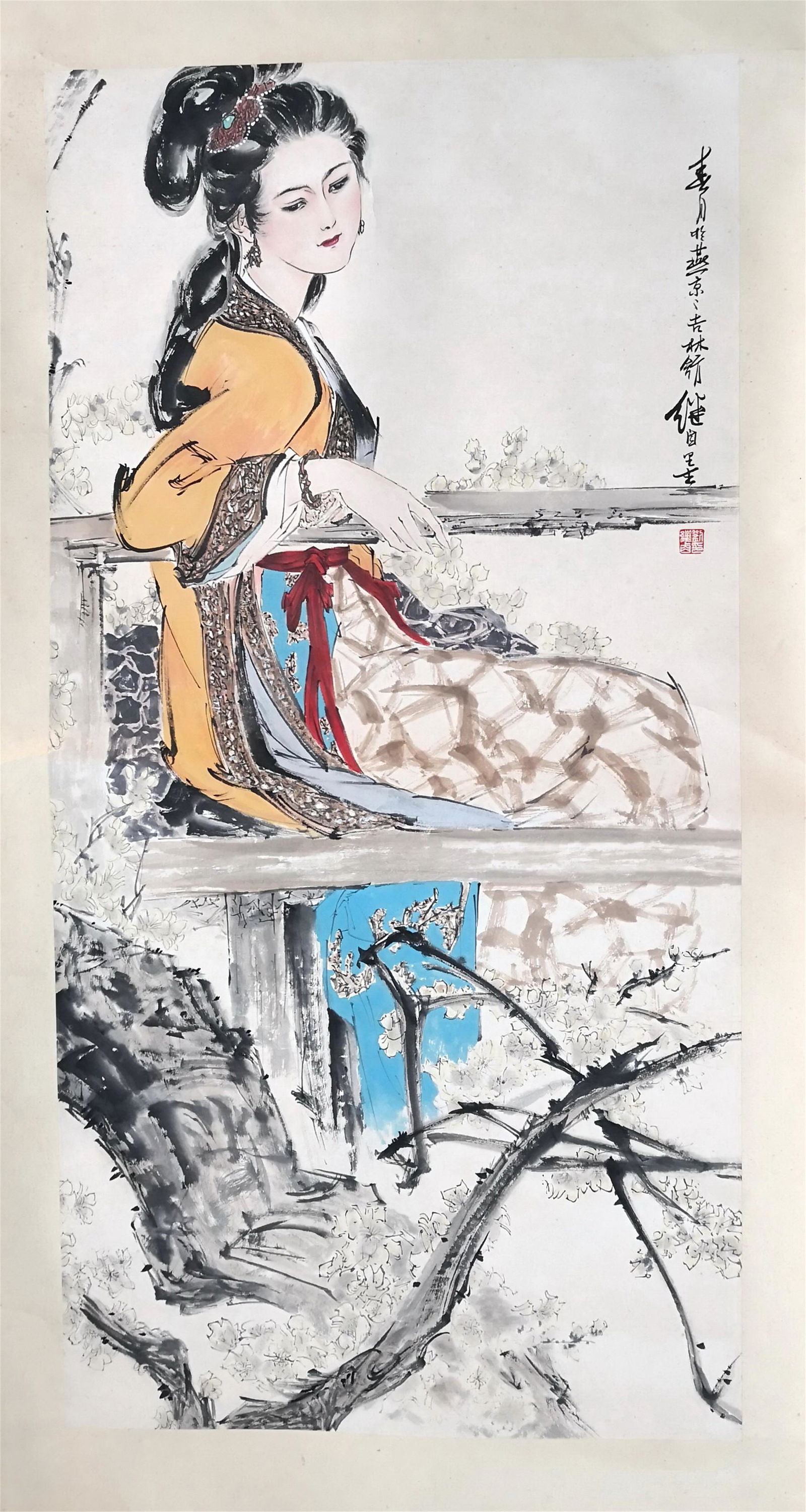 NO RESERVE CHINESE SCROLL PAINTING OF BEAUTY IN GARDEN: NO RESERVE CHINESE SCROLL PAINTING OF BEAUTY IN GARDEN SIGNED BY LIU JIYOU. Image only size 136 cm by 68 cm. Shipping cost $30 to US 48 states and $100 for oversea International delivery. Local pickup