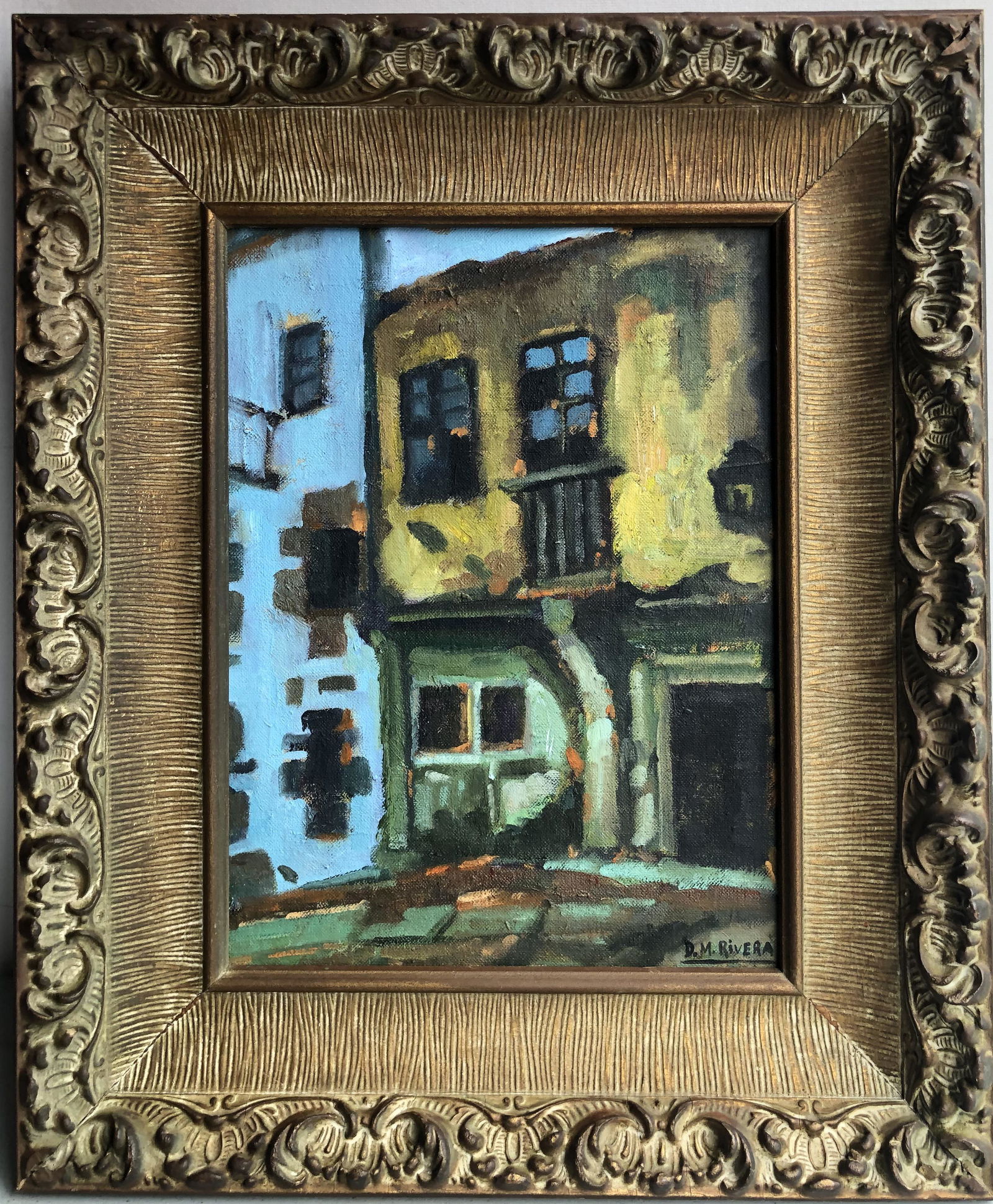 DIEGO RIVERA (1886-1957) OIL PAINTING OF BUILDING: DIEGO RIVERA (1886-1957) OIL PAINTING OF BUILDING. Oil on board. Signed on right bottom. Gallery stick on the back. Image only size 12in by 9in. With frame total size 17in by 14in. Provanance: From a
