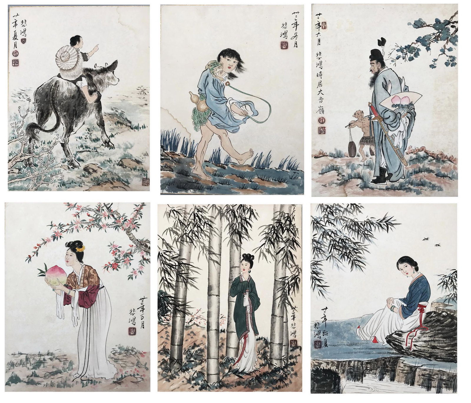 SIX PAGES OF CHINESE ALBUM PAINTING OF FIGURE AND STORY: SIX PAGES OF CHINESE ALBUM PAINTING OF FIGURE AND STORY SIGNED BY XU BEIHONG. Image only size 41cm by 31cm. Total 6 pages. Shipping cost $30 to US 48 states and $100 for oversea International delivery