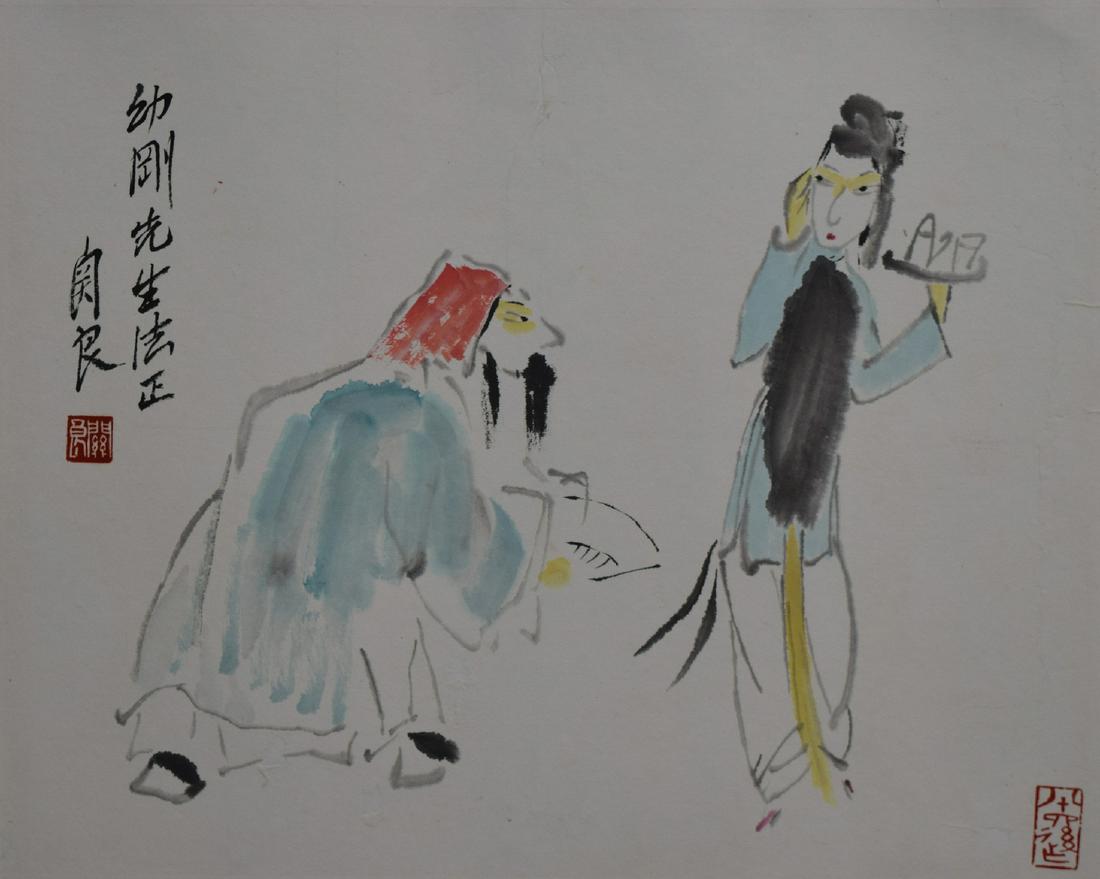NO RESERVE CHINESE SCROLL PAINTING OF OPERA FIGURES: NO RESERVE CHINESE SCROLL PAINTING OF OPERA FIGURES SIGNED BY GUAN LIANG. 47 by 38 cm. Shipping cost $30 to US 48 states and $100 for oversea International delivery. Local pickup at our office availab