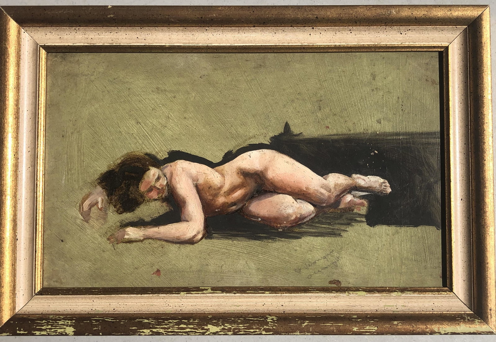 20TH CENTURY OIL PAINTING ON BOARD SIGNED: 20TH CENTURY OIL PAINTING ON BOARD SIGNED. Artist not identified. Titled as "accroupie" (Couching Venus in French). Image size 14in by 8.5in. With frame size 16.5in by 11in.