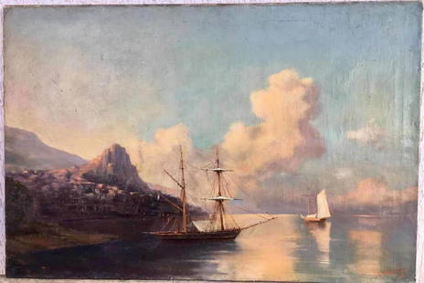 IVAN KONSTANTINOVICH AIVAZOVSKY 1817-1900: IVAN KONSTANTINOVICH AIVAZOVSKY 1817-1900. Marine oil painting on canvas. Signed on right bottom. Offered unframed. Image size 39in by 26in, or 100cm by 67cm. Ivan Konstantin Aivazovsky was a