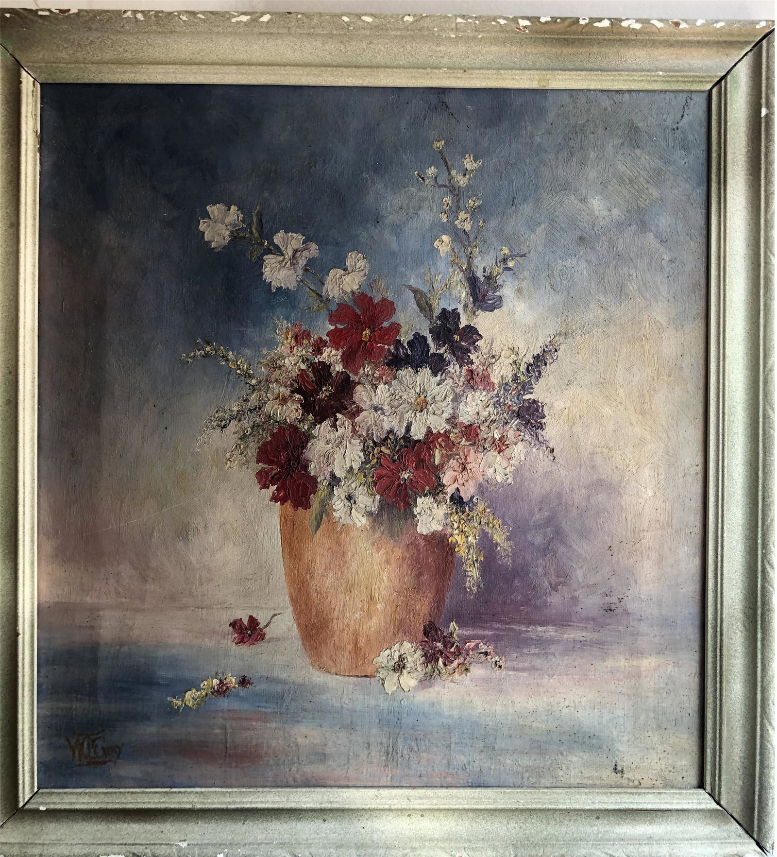 WT GARY AMERICAN STILL LIFE OIL ON CANVAS: WT GARY AMERICAN STILL LIFE OIL ON CANVAS. Image only size 16in by 15in. With frame 18in by 18in. Shipping cost incluing pack and deliver to US address 30 USD and International 100 USD.