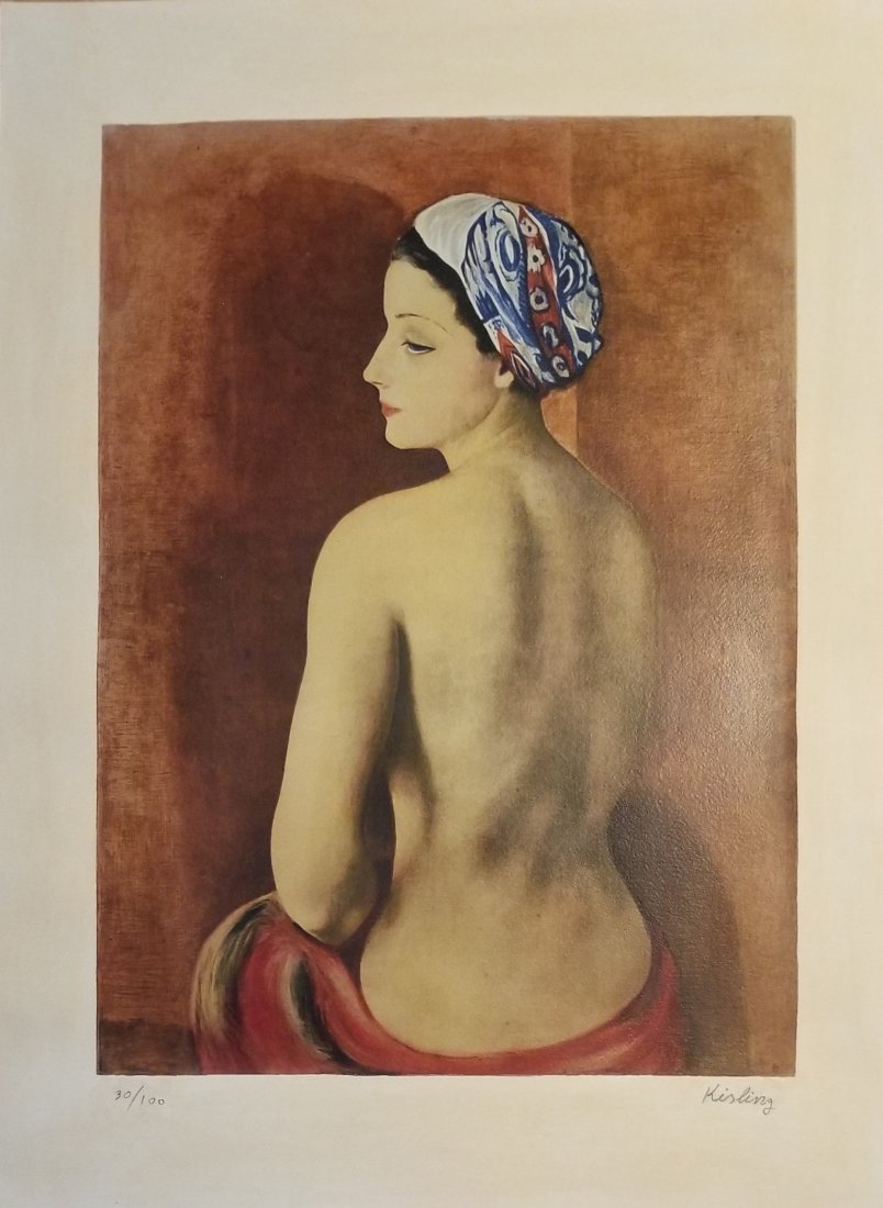 MOISE KISLING POLAND/FRANCE 1891-1953 COLOR AQUATINT: Moise Kisling (Poland/France, 1891-1953), color aquatint, nude woman , pencil signed lower right, ed 30/100 lower left, not examined out of frame, wear consistent with age, including some toning. Size