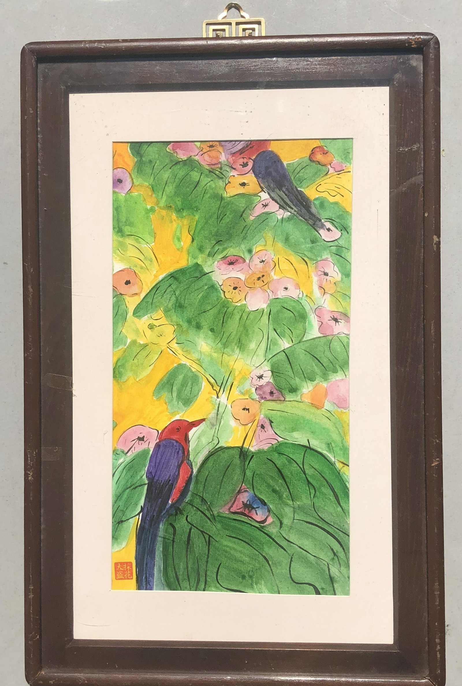 WALASSE TING 1928-2010 ACRYLIC ON PAPER BIRD AND FLOWER: WALASSE TING 1928-2010 ACRYLIC ON PAPER BIRD AND FLOWER. Sealed. Visiable area size 17in by 9in. With frame size 24.5in by 16in. Shipping cost incluing pack ange deliver to US address 50 USD and Inter