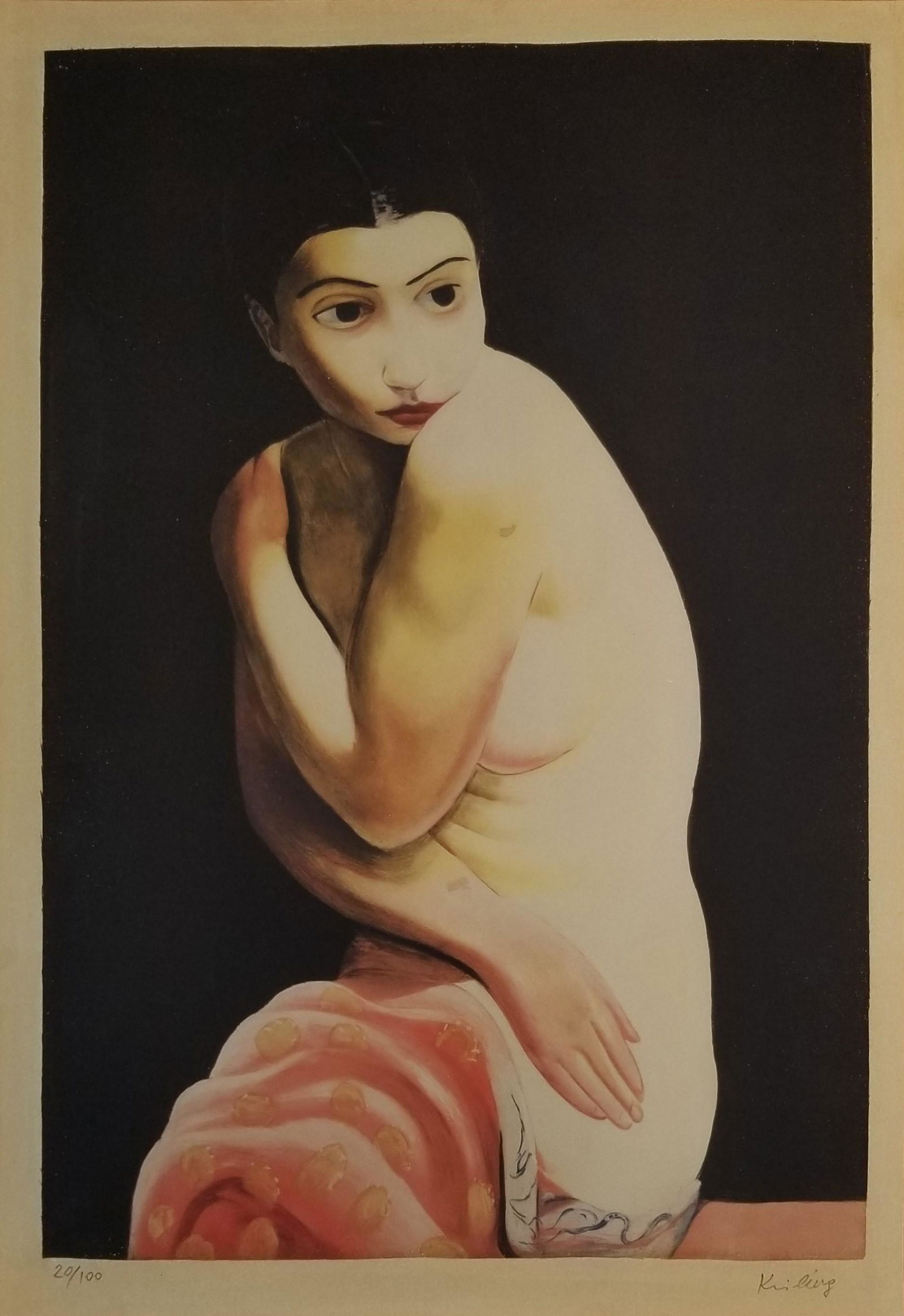 MOISE KISLING 1891-1953 COLOR AQUATINT NUDE ON PAPER: "MOISE KISLING 1891-1953 COLOR AQUATINT NUDE ON PAPER. Moise Kisling (Poland/France, 1891-1953), ""Kiki De Montparnasse"" color aquatint, nude woman against black background, her legs wrapped in salmo