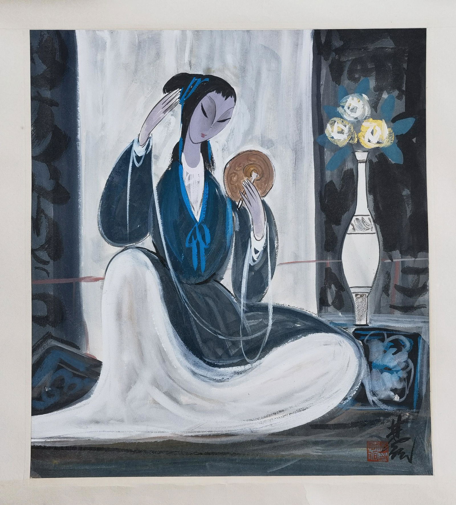 CHINESE SCROLL PAINTING OF SEATED BEAUTY SIGNED BY LIN: CHINESE SCROLL PAINTING OF SEATED BEAUTY SIGNED BY LIN FENGMIAN. Image only size 42m by 47 cm. Shipping cost $30 to US 48 states and $100 for oversea International delivery. Local pickup at our office