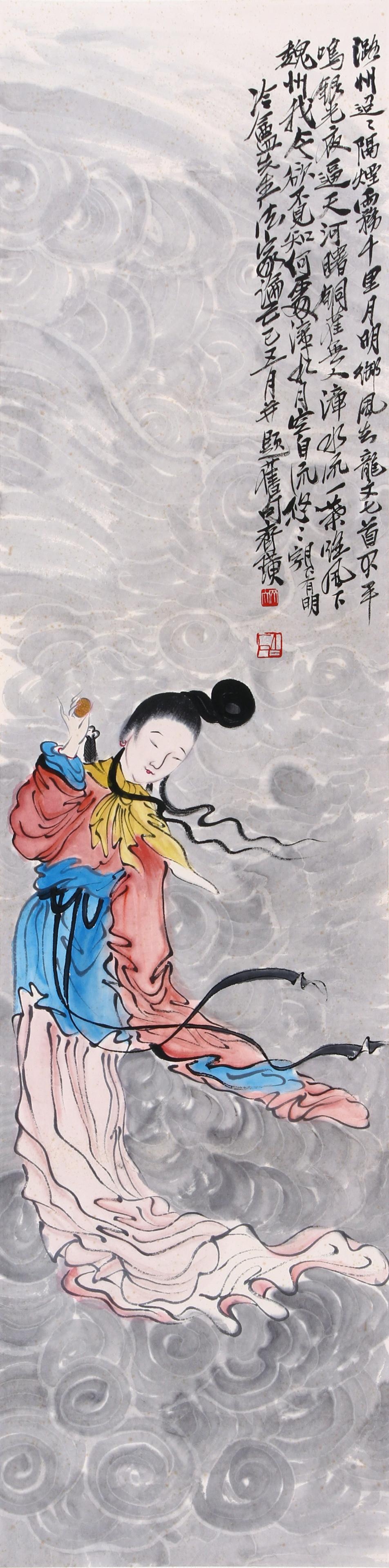 CHINESE SCROLL PAINTING OF BEAUTY SIGNED BY QI BAISHI: CHINESE SCROLL PAINTING OF BEAUTY SIGNED BY QI BAISHI. Image only size 137 cm by 34 cm. Shipping cost $30 to US 48 states and $100 for oversea International delivery. Local pickup at our office availa