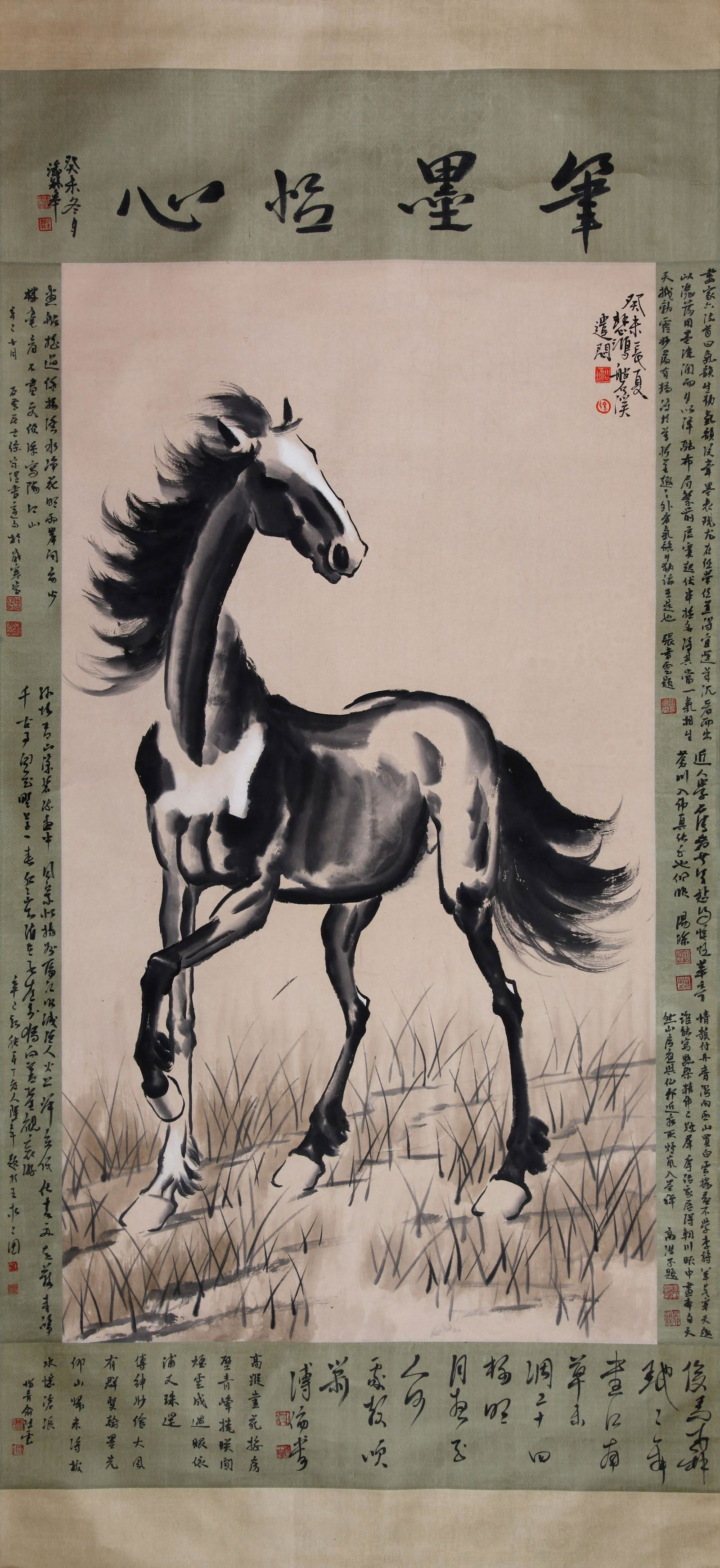 CHINESE SCROLL PAINTING OF HORSE SIGNED BY XU BEIHONG: CHINESE SCROLL PAINTING OF HORSE SIGNED BY XU BEIHONG WITH COLLECTORS' HANDWRITING. Image only size 102 cm by 56 cm. Shipping cost $30 to US 48 states and $100 for oversea International delivery. Loca