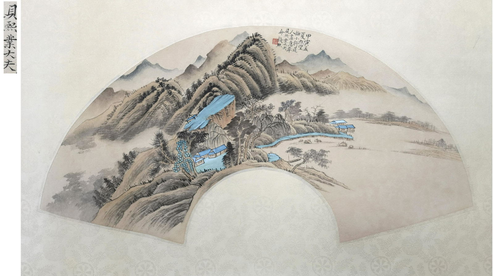 貝熙業舊藏書畫: PREVIOUS FRENCH DR. JEAN BUSSIERE COLLECTION CHINESE FAN PAINTING OF MOUNTAIN VIEWS SIGNED BY QIAN XI. Image only size 75 cm by 49 cm. Shipping cost $30 to US 48 states and $100 for oversea Internatio