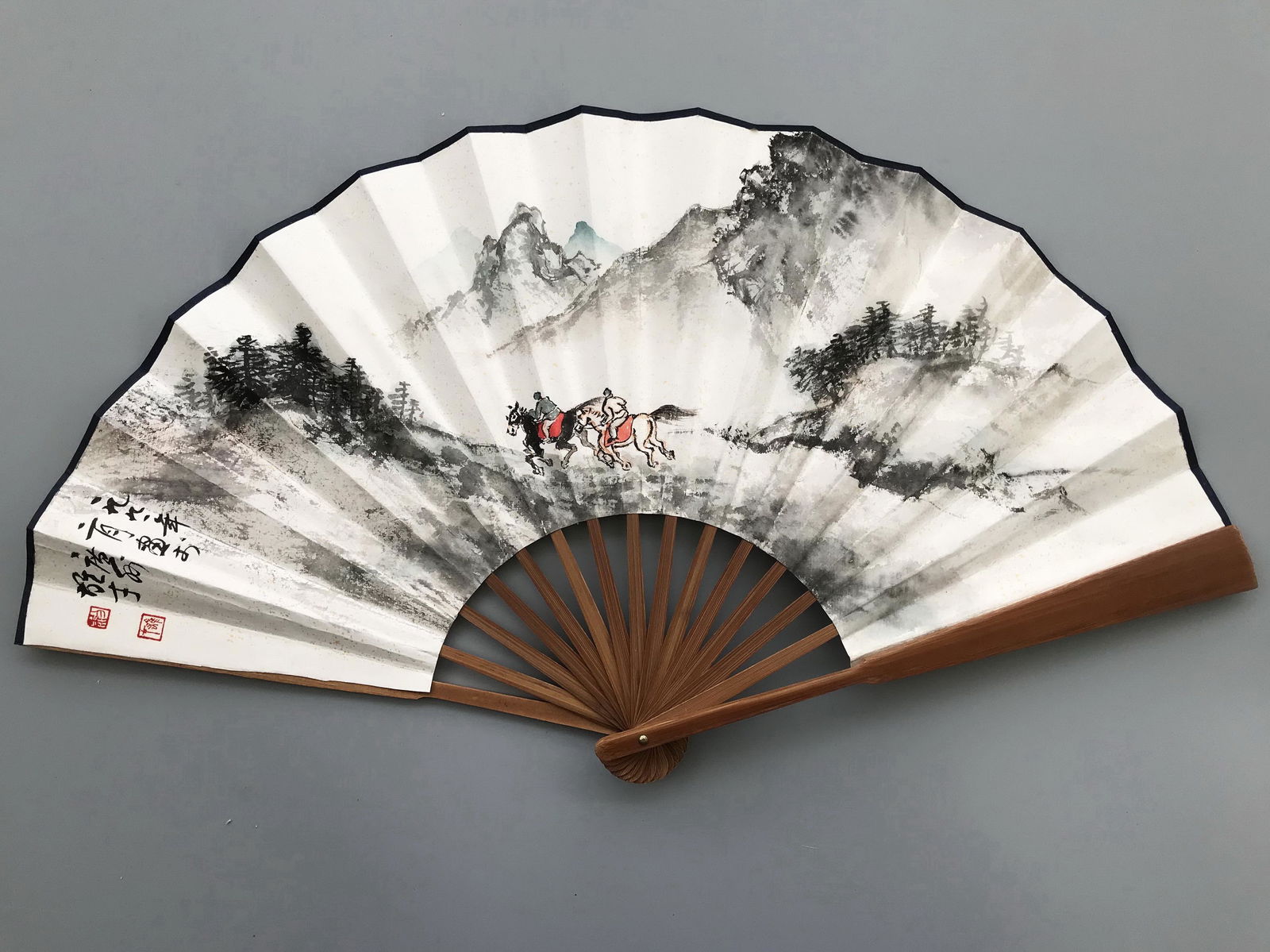 CHINESE FAN PAINTING OF HORSEMAN IN MOUNTAIN SIGNED BY (1 of 5)