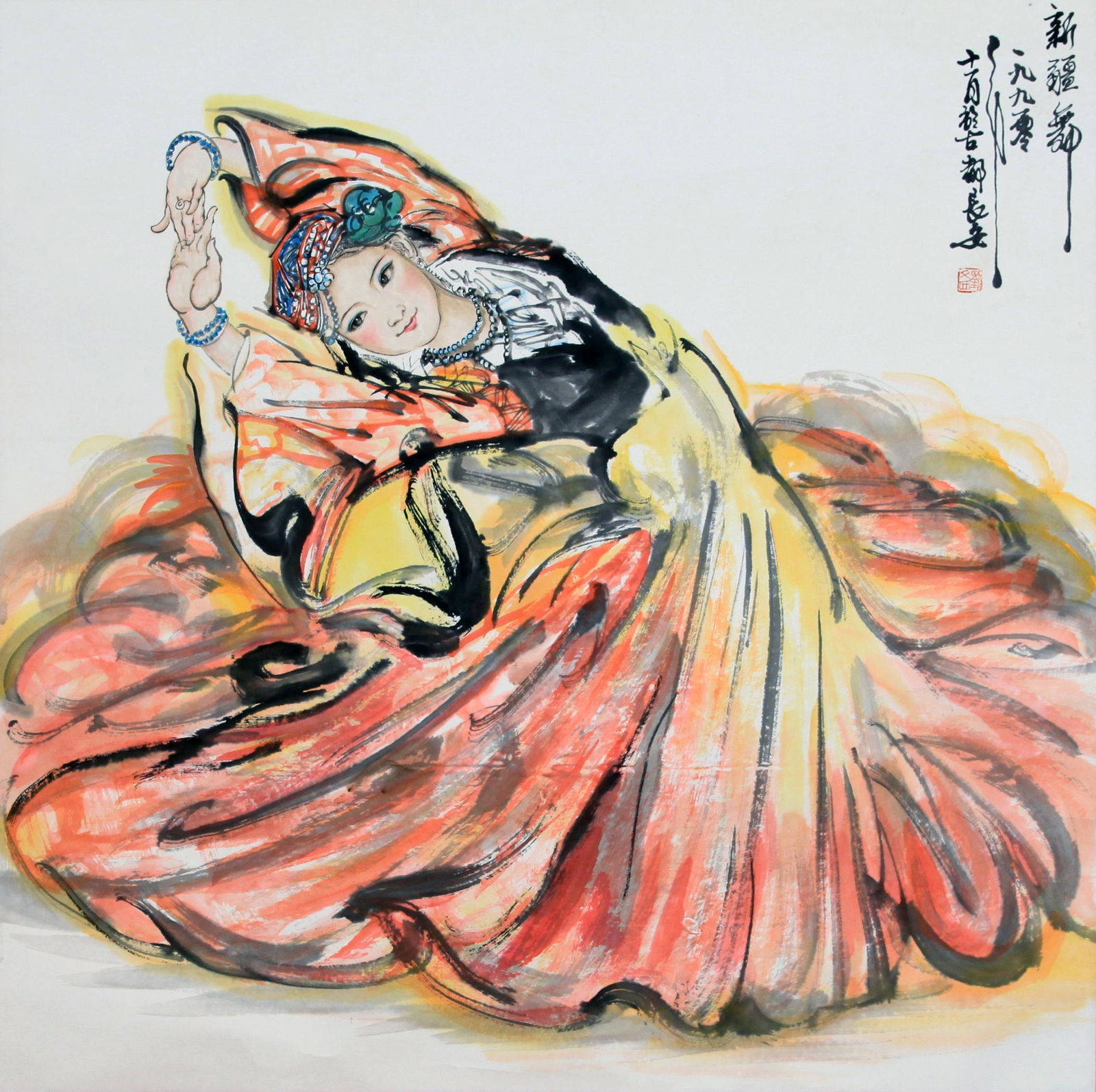 CHINESE SCROLL PAINTING OF DANCING GIRL SIGNED BY LIU: CHINESE SCROLL PAINTING OF DANCING GIRL SIGNED BY LIU WENXI. Image only size 70 cm by 69 cm. Shipping cost $30 to US 48 states and $100 for oversea International delivery. Local pickup at our office a