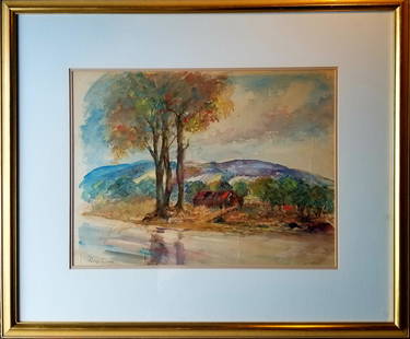 PERCY GRAY 1869-1952 WATERCOLOR LANDSCAPE: PERCY GRAY 1869-1952 WATERCOLOR LANDSCAPE. Watercolor, landscape with hills, trees. Inscribed lower left. Framed, under glass. Size 25in by 18in. Frame size 36.5in by 30.5 inch. Shipping cost incluing