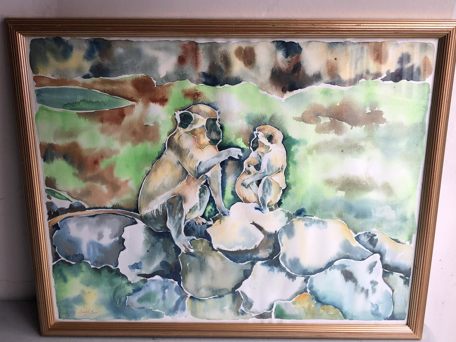 WATERCOLOR OF MONKEY ON PAPER SIGNED: WATERCOLOR OF MONKEY ON PAPER SIGNED. Image only size 19in by 15in. Domestic shipping cost is 30 USD and oversea 100 USD. We do combined shipping to save cost. All shippinged will take 2wk to 4wk. If 