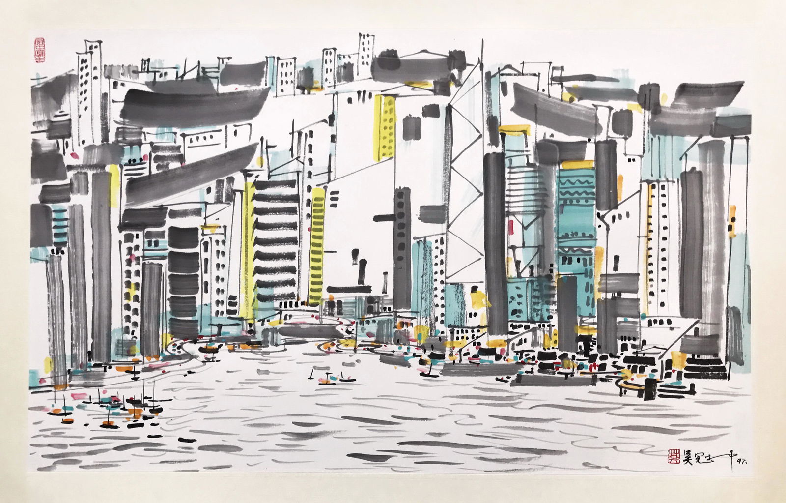 CHINESE SCROLL PAINTING OF CITY SIGHTS SIGNED BY WU: CHINESE SCROLL PAINTING OF CITY SIGHTS SIGNED BY WU GUANZHONG. Image only size 97 cm by 60 cm. Shipping cost $30 to US 48 states and $100 for oversea International delivery. Local pickup at our office