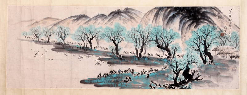 CHINESE SCROLL PAINTING OF LANDSCAPE SIGNED BY ZHAO: CHINESE SCROLL PAINTING OF LANDSCAPE SIGNED BY ZHAO WANGYUN. Image only size 46 cm by 128 cm. Shipping cost $30 to US 48 states and $100 for oversea International delivery. Local pickup at our office