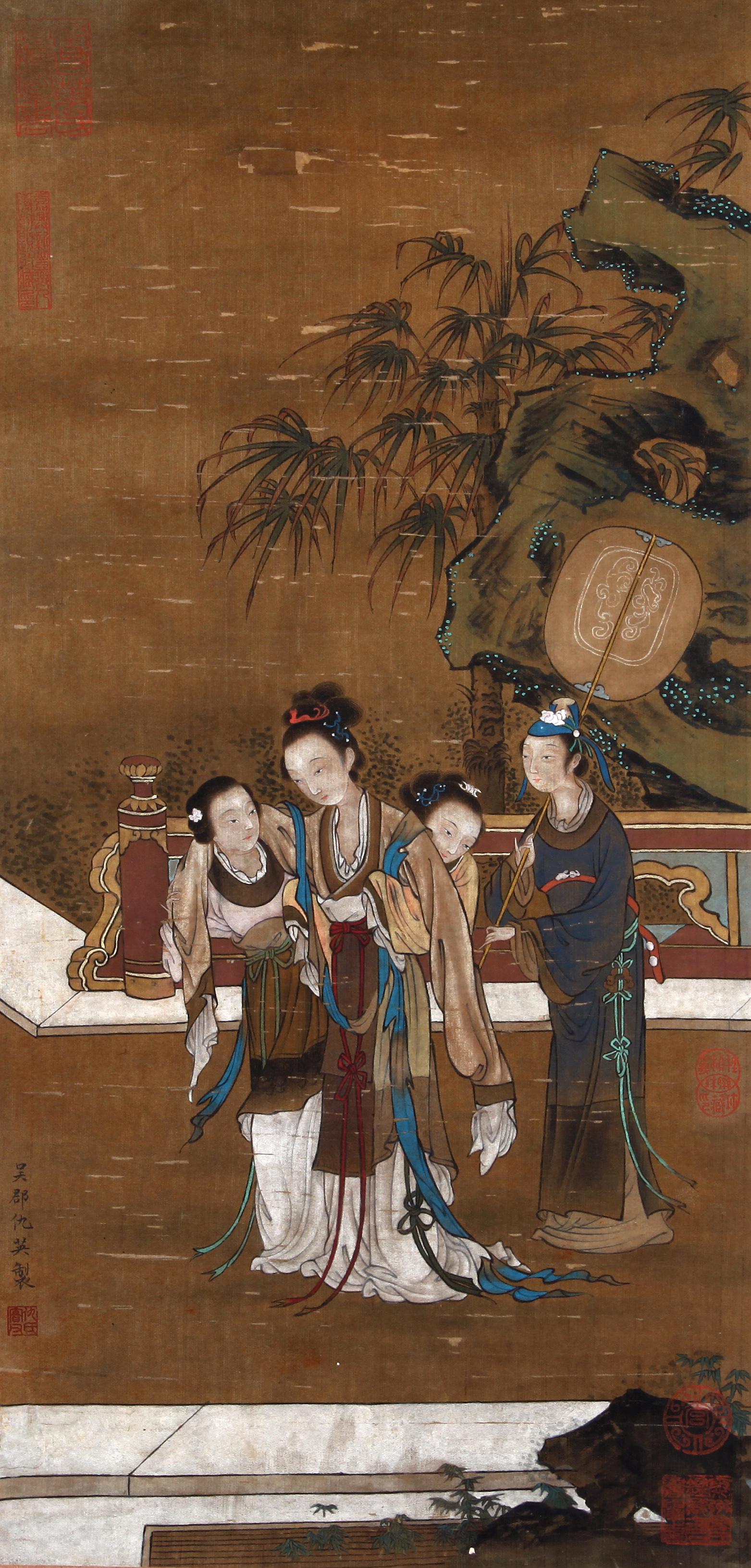 CHINESE SCROLL PAINTING OF BEAUTY IN GARDEN SIGNED BY: CHINESE SCROLL PAINTING OF BEAUTY IN GARDEN SIGNED BY QIU YING. Image only size 60 cm by 29 cm. Shipping cost $30 to US 48 states and $100 for oversea International delivery. Local pickup at our offic