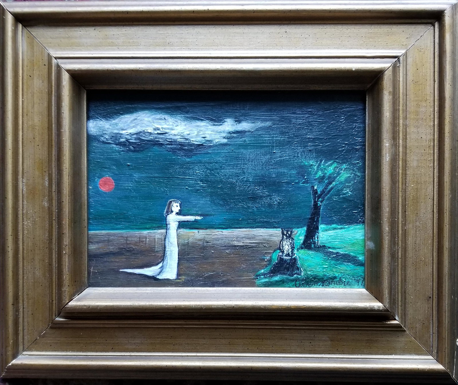 GERTRUDE ABERCROMBIE 1909-1977 OIL ON MASONITE: GERTRUDE ABERCROMBIE 1909-1977 OIL ON MASONITE. Gertrude Abercrombie, "Woman and Owl" oil on masonite, signed L/R and dated 1947,size 10in by 7.25in. Provenance: East Coast private collection. Shippin