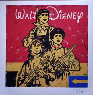 WANG GUANGYI CHINESE GREAT CRITICISIM LITHOGRAPH ON PAP: WANG GUANGYI CHINESE GREAT CRITICISIM LITHOGRAPH ON PAPER. WANG GUANGYI (B. 1957) Walt Disney from Great Criticism. lithograph in colors, Printed in Paris. Signed in pencil, numbered 17/199. Image