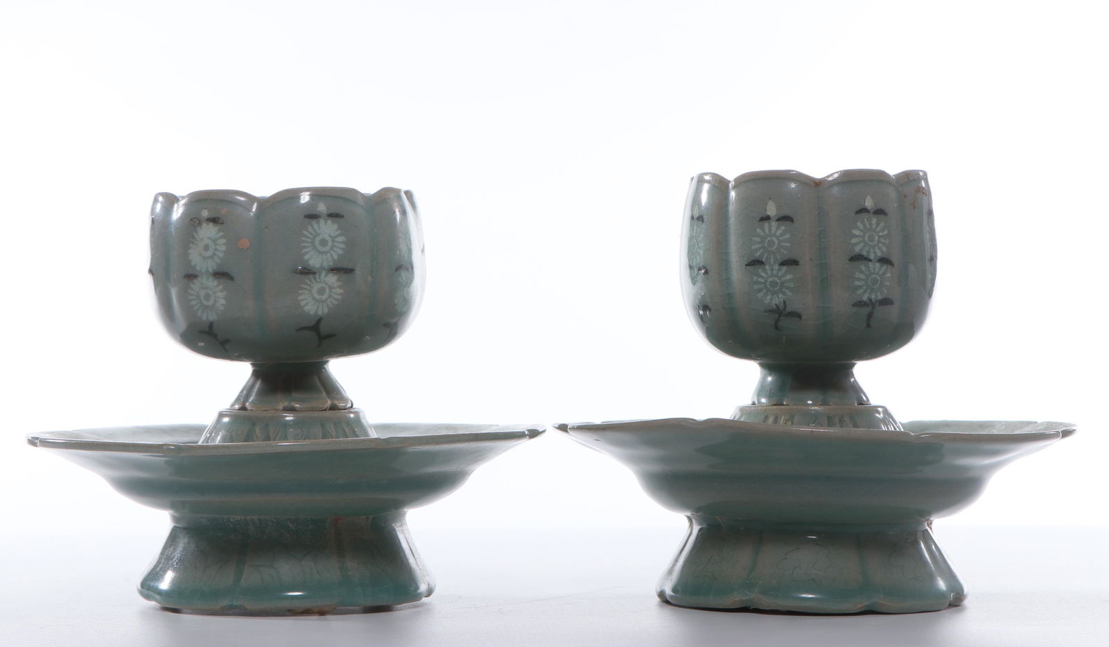 PAIR OF KOREAN PORCELAIN CELADON GLAZE PAINTED FLOWER (1 of 9)